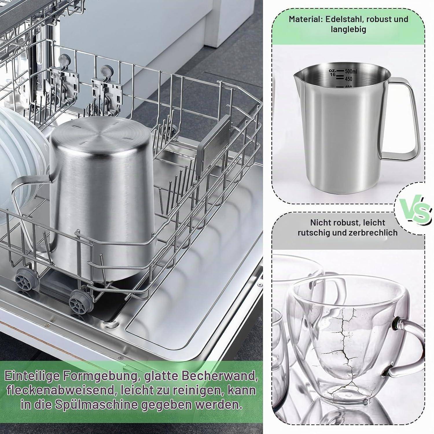 Edelstahlmessbecher in der Spülmaschine, kontrastiert mit haltbarem Metall oben und zerbrechlichen Tassen aus rissigem Glas unten, mit deutschem Text, der einfache Reinigung und Langlebigkeit hervorhebt.