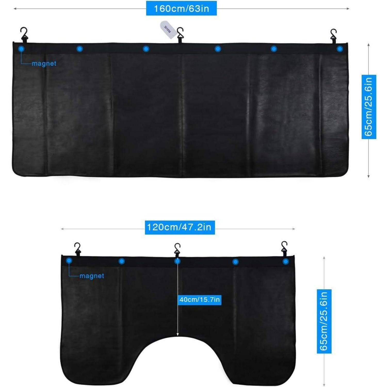 Produktdiagramm einer schwarzen magnetischen Organizer-Abdeckung mit zwei Größen: 160 x 65 cm und 120 x 65 cm, mit Aufhängehaken und Abmessungen in Zoll beschriftet.