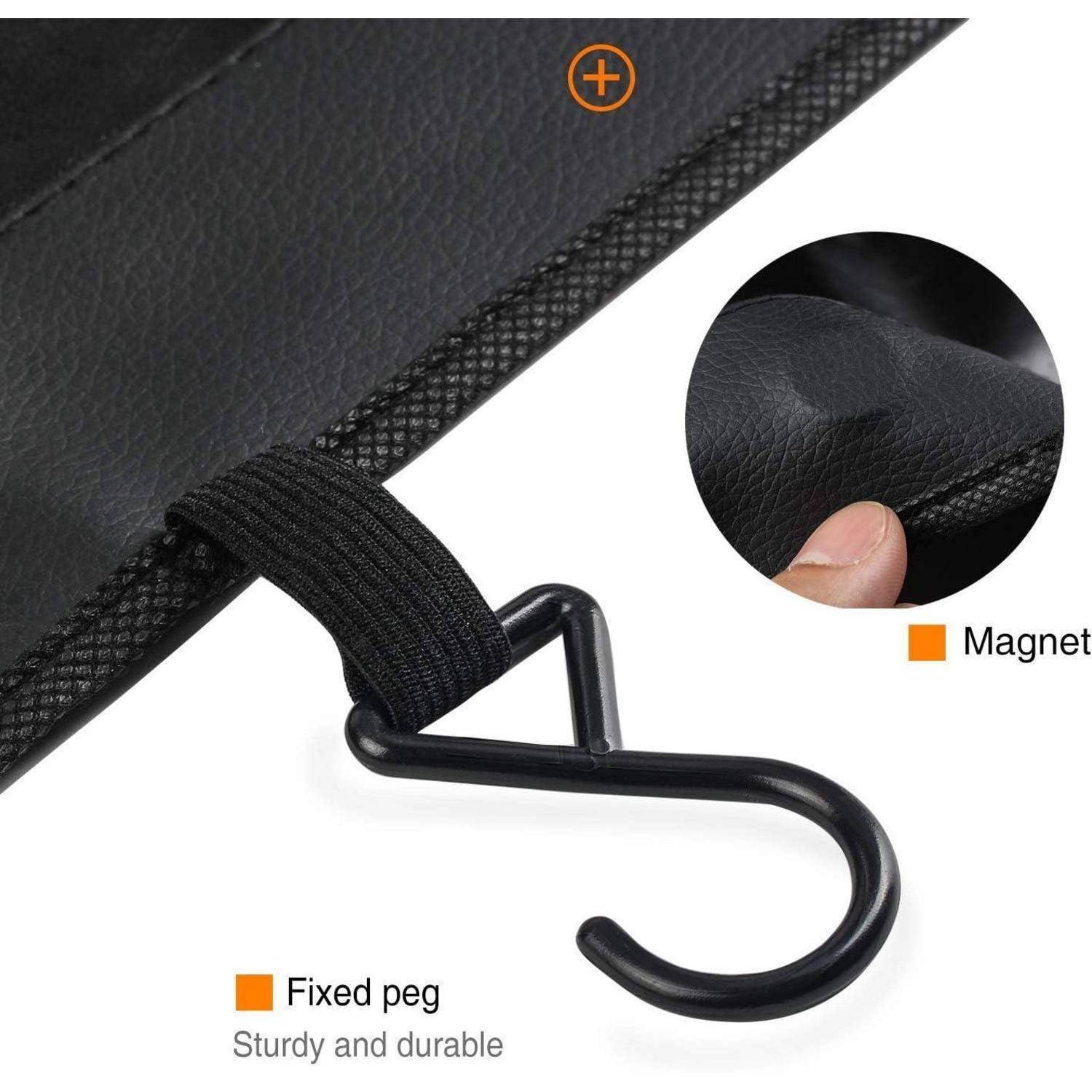 Schwarzes Stoffband mit einem gekrümmten Metallhaken, dargestellt als magnetisch befestigter Stift zum Befestigen eines Gegenstands; eingefügte Nahaufnahme hebt den Magneten hervor.