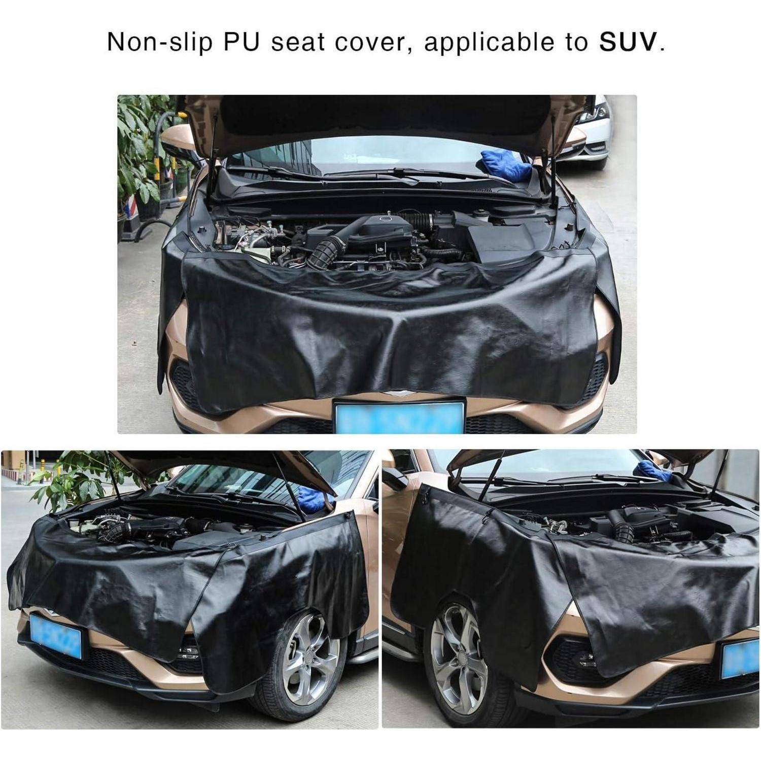 Schwarze PU-Abdeckung, die über die Vorderseite eines SUV drapiert ist, schützt Motorhaube und Stoßfänger, von vorne und seitlich dargestellt.