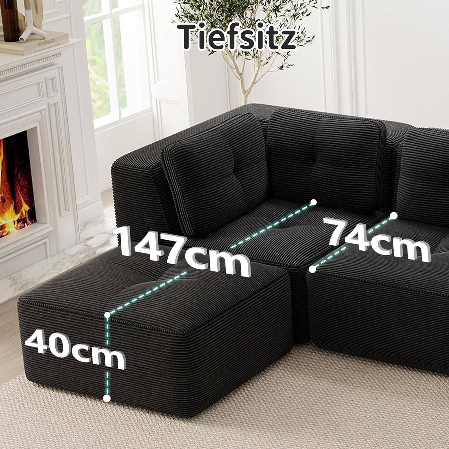 Schwarzes modulares Ecksofa mit Ottomane, beschriftet mit 147 cm, 74 cm und 40 cm zur Anzeige der Abmessungen.