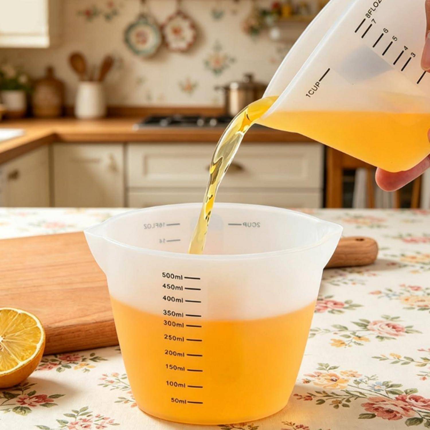 Orangensaft wird aus einem Messbehälter in einen größeren Messbecher auf einer Küchentischplatte gegossen, mit einer halbierten Orange und einem Nudelholz in der Nähe.
