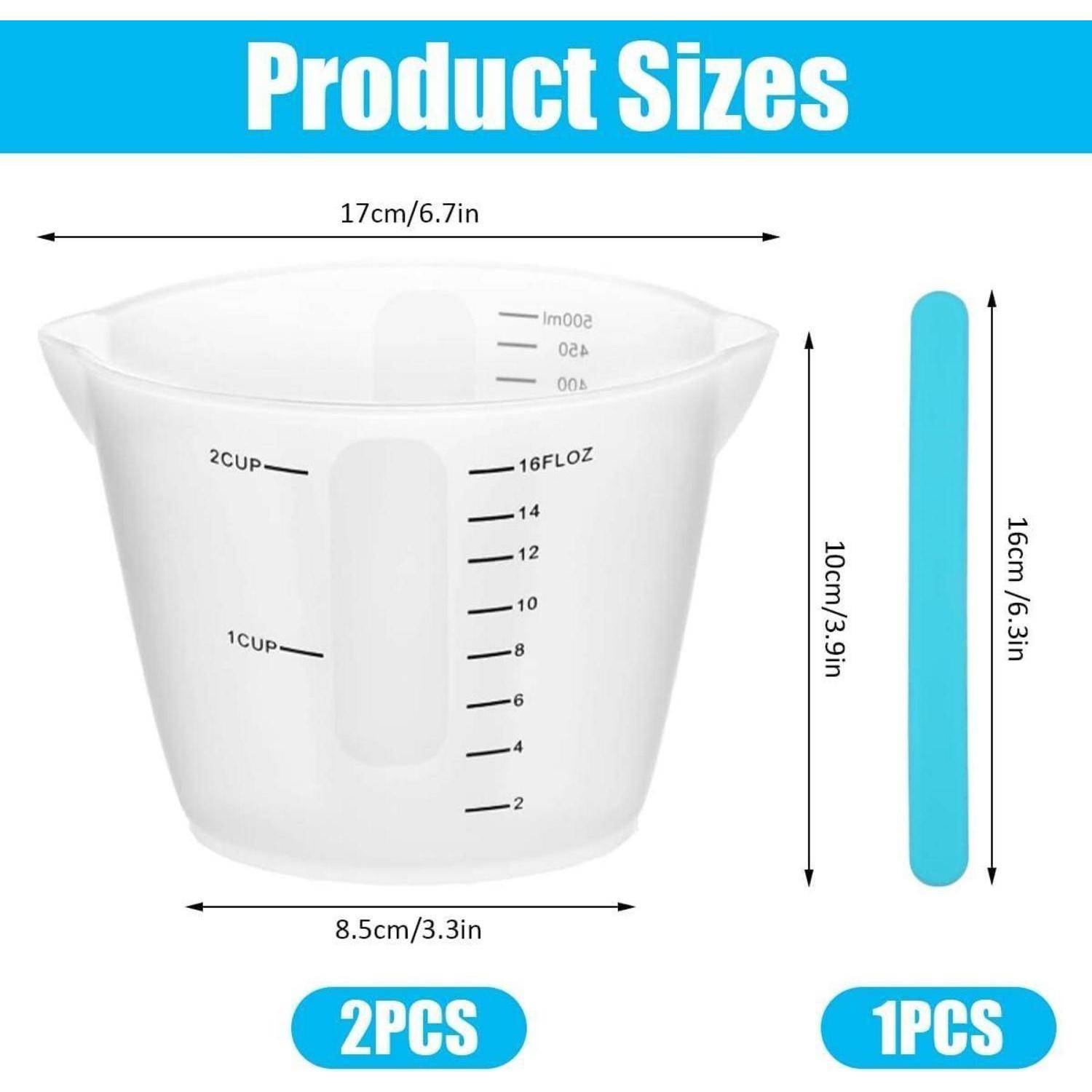 Größentabelle für Produkte mit einer Messgefäß und Rührstab: Das Gefäß ist 17 cm breit, 10 cm hoch, 8,5 cm Basis; Der Stab ist 16 cm lang, mit 2-teiligen und 1-teiligen Optionen.