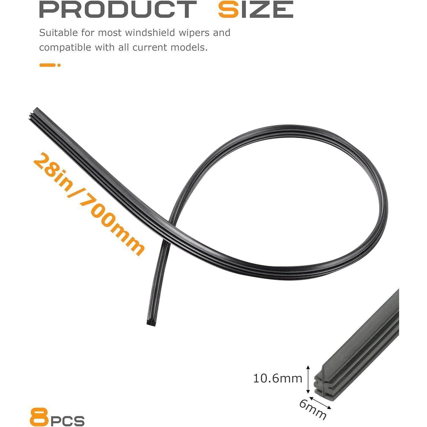 Produktgrößengrafik für Scheibenwischer-Ersatzteile mit Abmessungen: 28 Zoll/700 mm Länge, 10,6 mm Breite, 6 mm Dicke und einer Menge von 8 Stück.