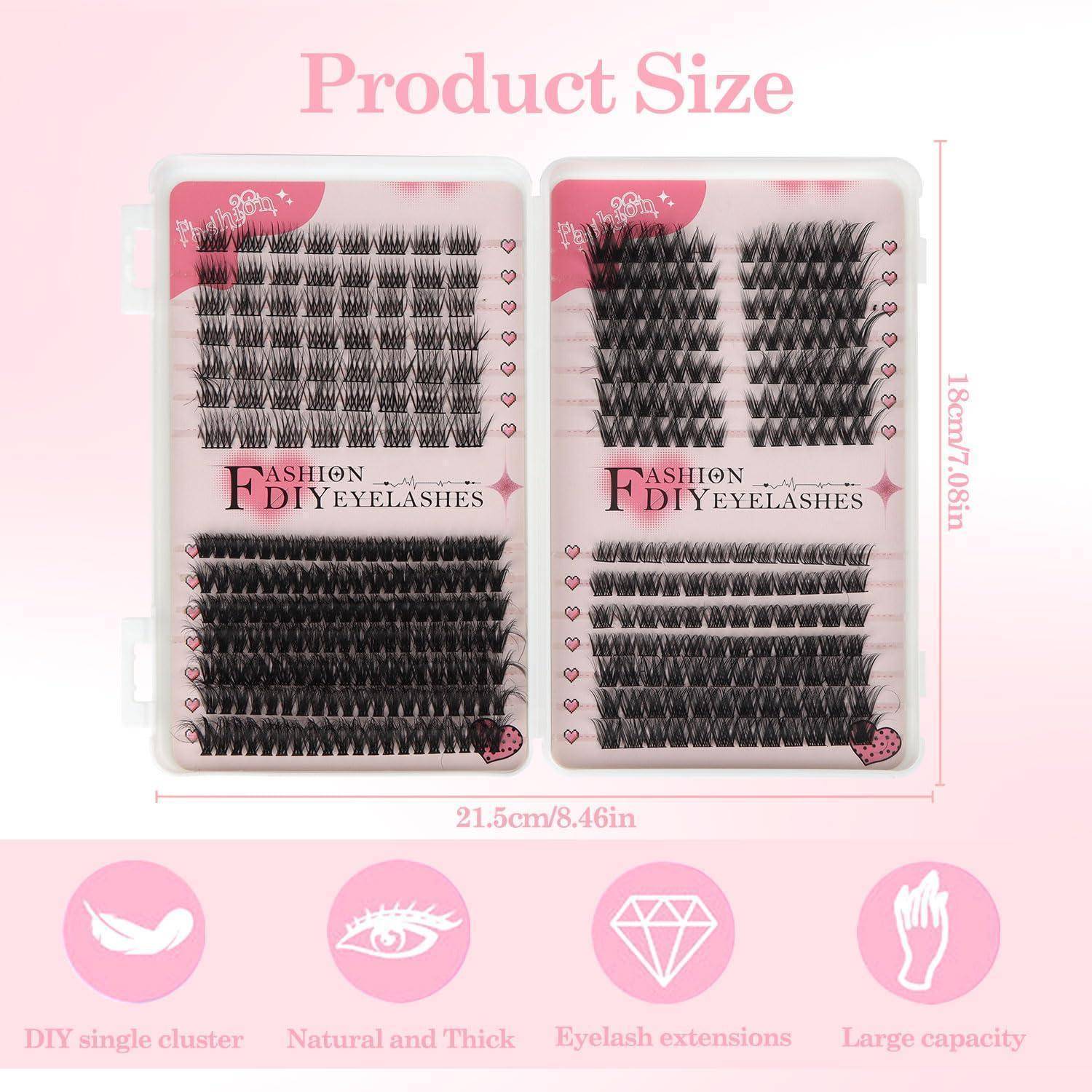Größentabelle für Produkte mit zwei Packungen Fashion DIY Wimpern, beschriftet mit 21,5 cm Breite mal 18 cm Höhe, mit Symbolen für DIY Einzelcluster, natürlich und voluminös, Wimpernverlängerungen und großes Fassungsvermögen.
