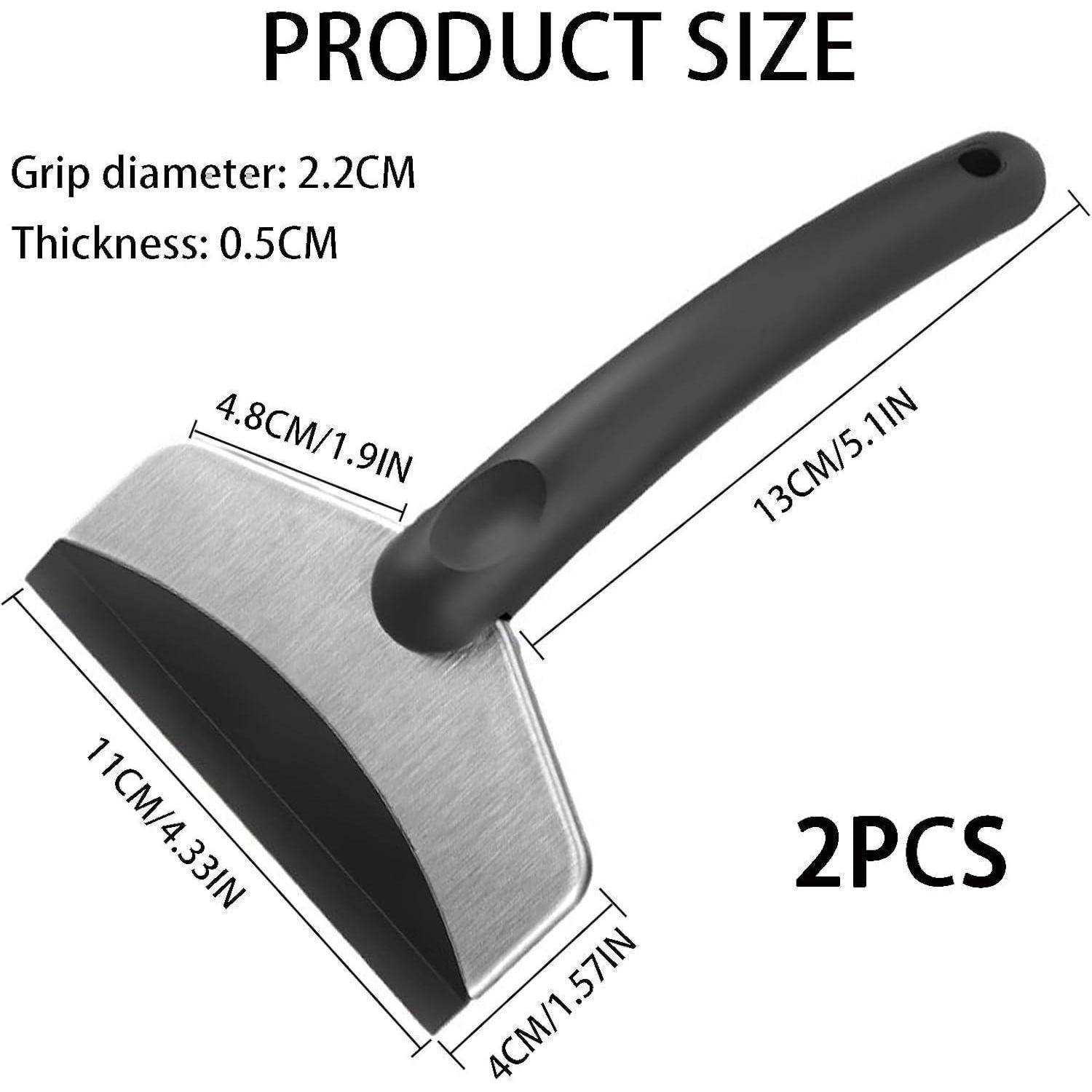 Produktgrößendiagramm eines Rakel: 13 cm Griff, 4,8 cm Klinge, 11 x 4 cm Kopf, 2,2 cm Griffdurchmesser, 0,5 cm Dicke; 2 Stück.