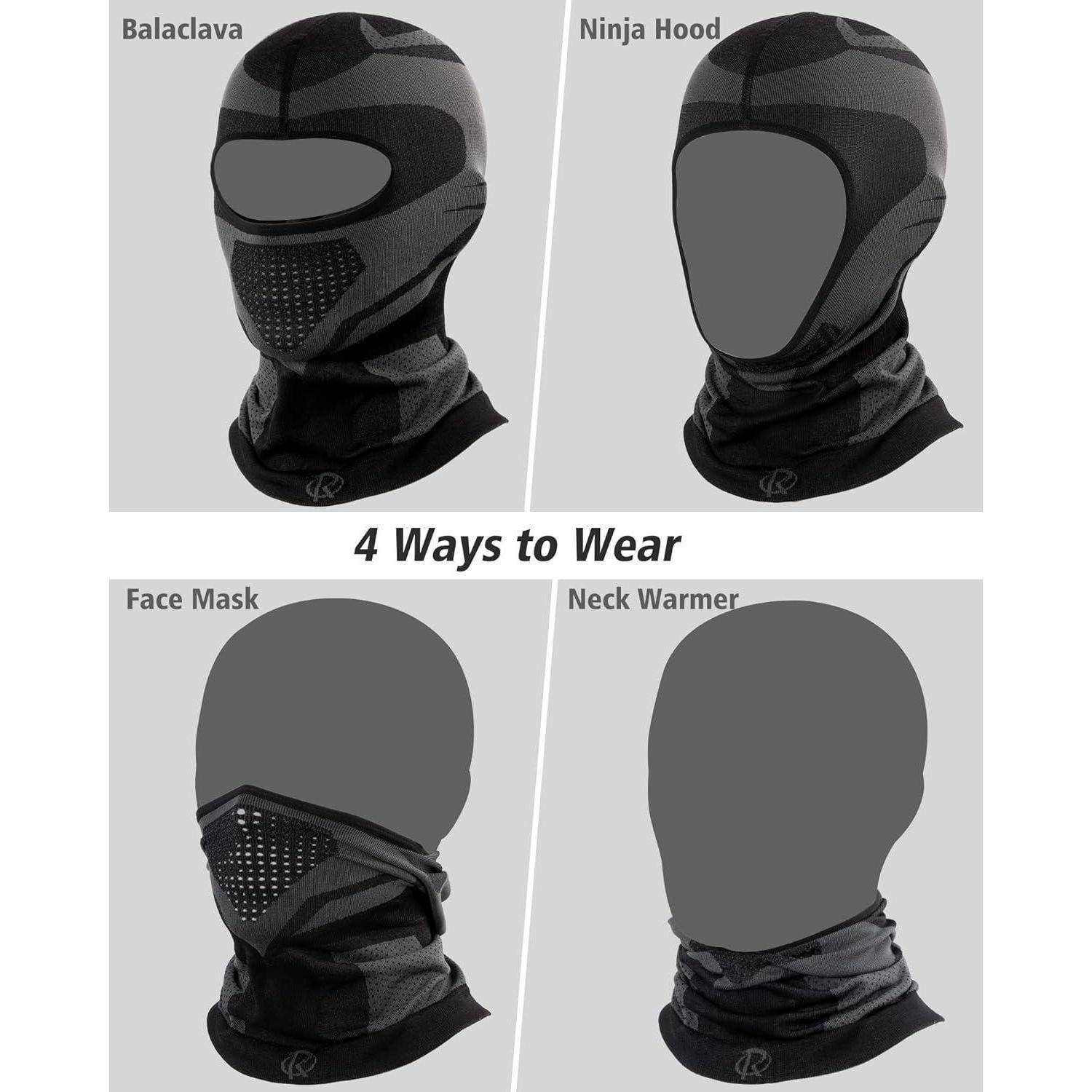 Infografik, die eine schwarze Sturmhaube auf vier verschiedene Arten getragen wird: Sturmhaube, Ninja-Kapuze, Gesichtsmaske und Nackenweimer.