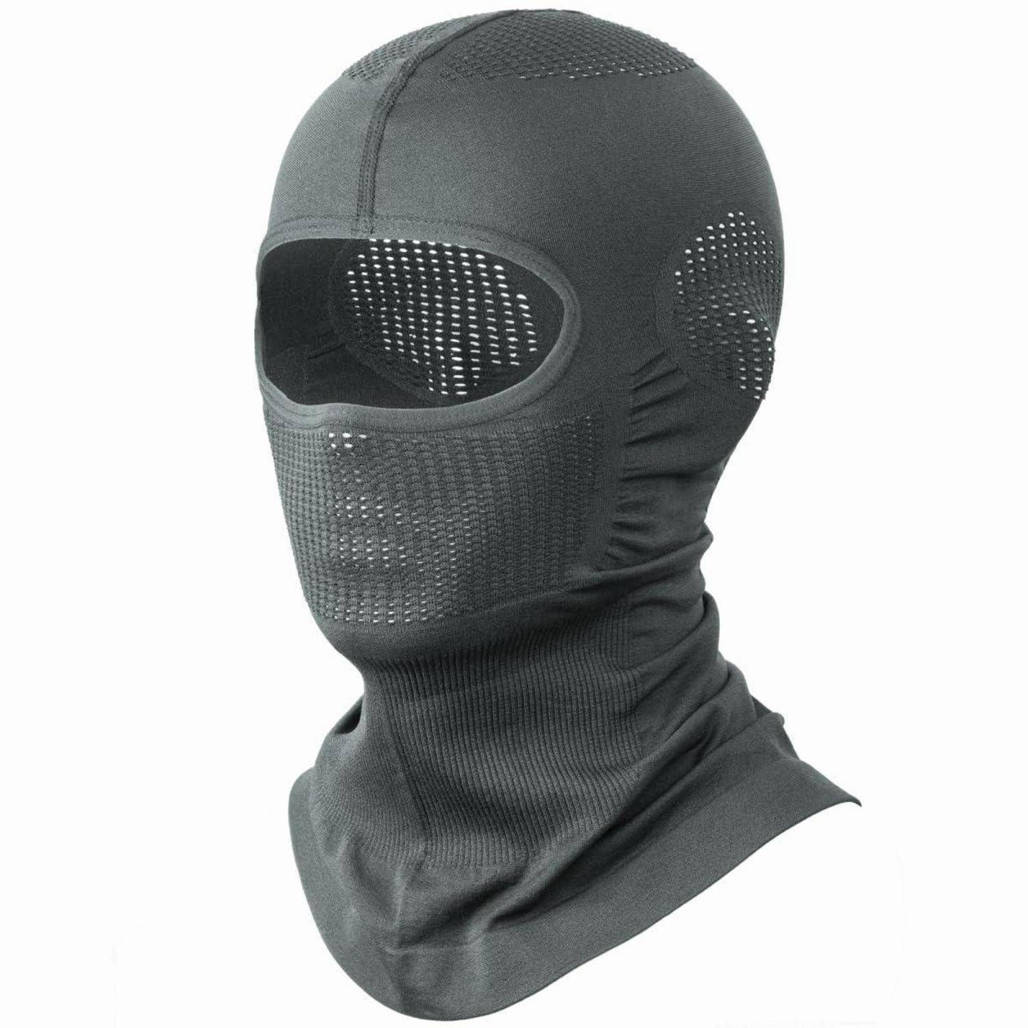 Schwarze Ganzkopf-Balaclava-Maske mit Netz-Augen- und Atemöffnungen, abgebildet vor einem einfachen weißen Hintergrund.