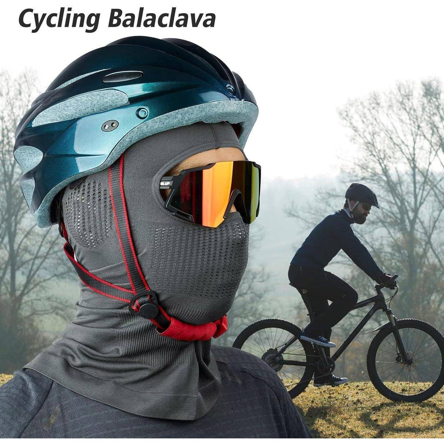 Radfahrer mit grauer Sturmmaske, Helm und reflektierenden Sonnenbrillen; kleineres Inset zeigt einen Fahrer auf einem Mountainbike in nebliger Außenumgebung.
