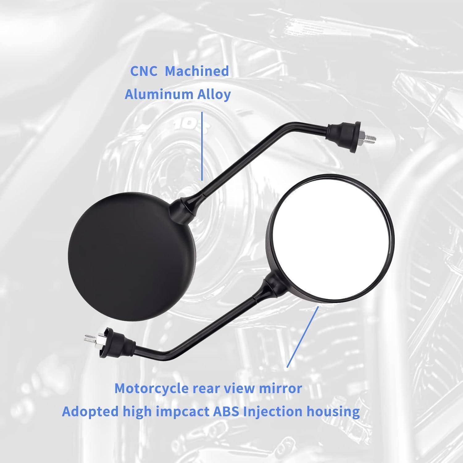 Schwarze Motorrad-Rückspiegel von vorne und hinten gezeigt, beschriftet mit „CNC-bearbeitete Aluminium-Legierung