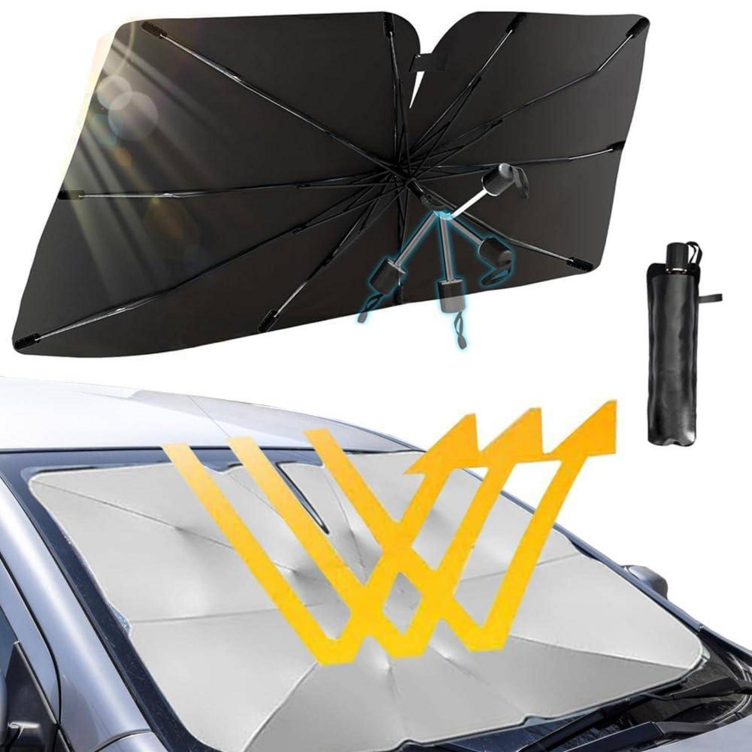 Sonnenschutz für Windschutzscheibe mit Regenschirm-Stil schwarzer Abdeckung und silbernen Reflexionspaneelen, gezeigt zusammengeklappt und geöffnet mit Tragetasche.