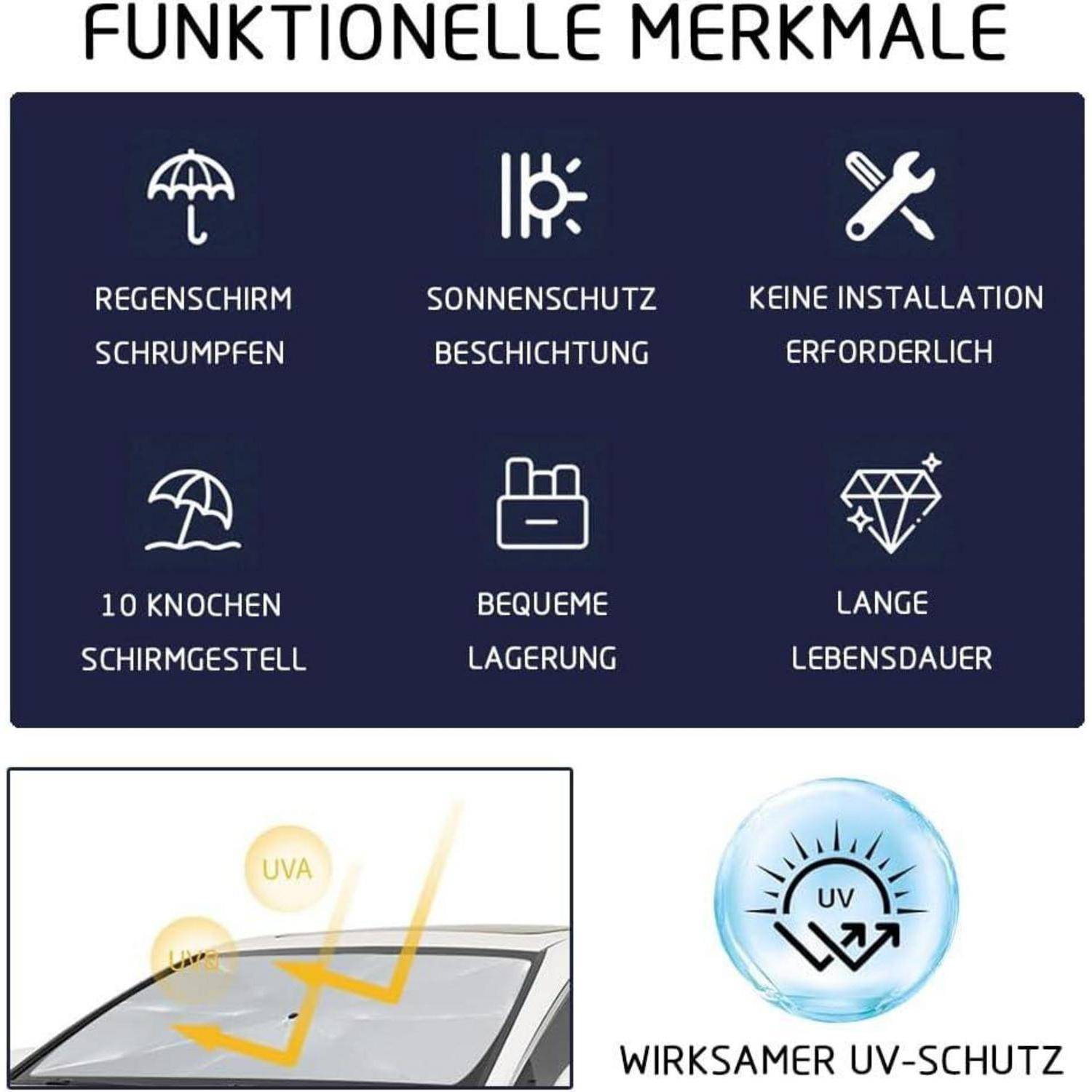 Deutscher Regenschirm mit Funktionsmerkmalen: wasserdicht mit Schrumpfungsschutz, Sonnenschutzbeschichtung, keine Installation erforderlich, 10er-Rippenkonstruktion, kompakte Lagerung, langanhaltender UV-Schutz.