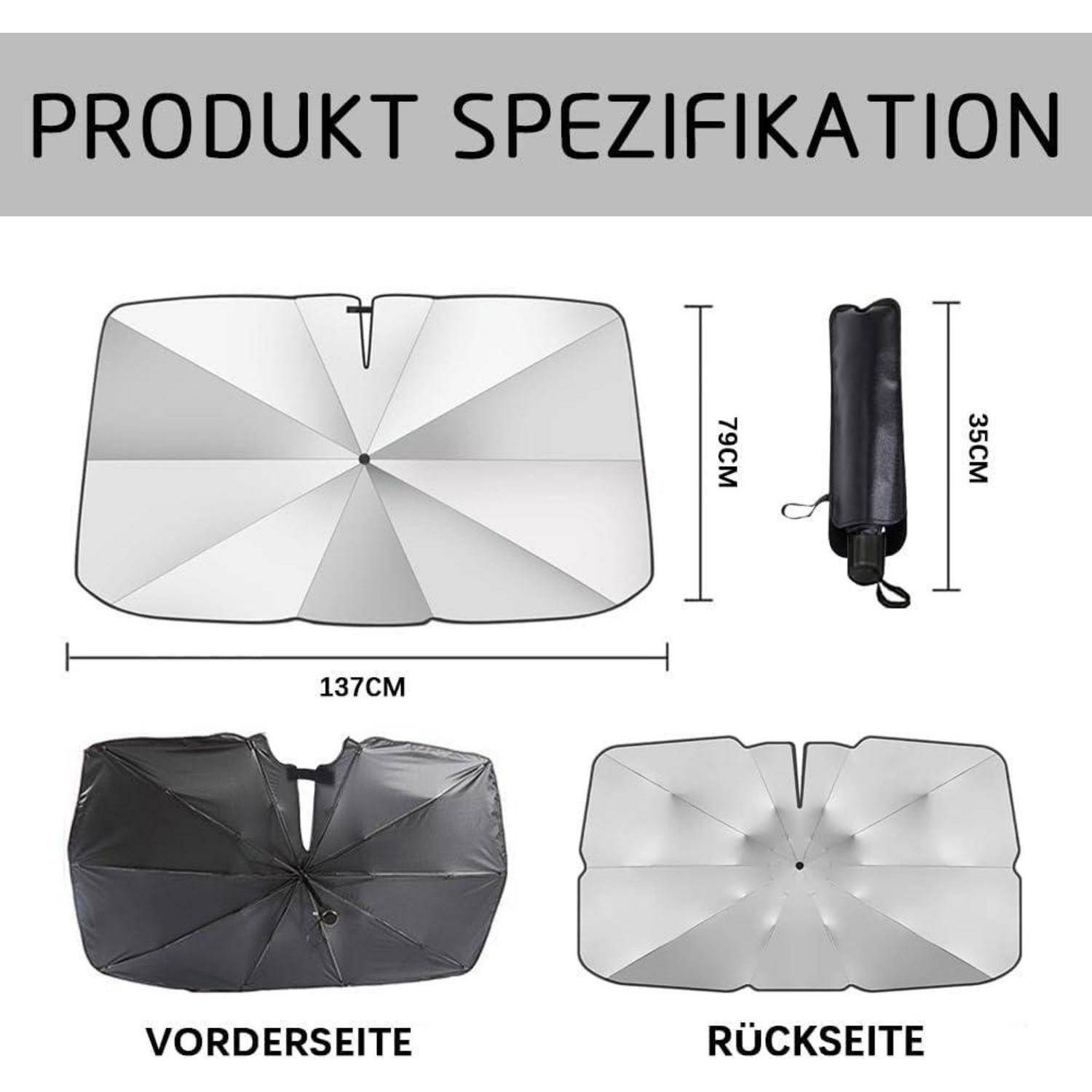 Produktspezifikation für einen faltbaren Autosonnenblende für die Windschutzscheibe, 137 cm breit und 79 cm hoch, mit Aufbewahrungstasche 35 cm groß; Vorder- und Rückansichten sind auf Deutsch gekennzeichnet.