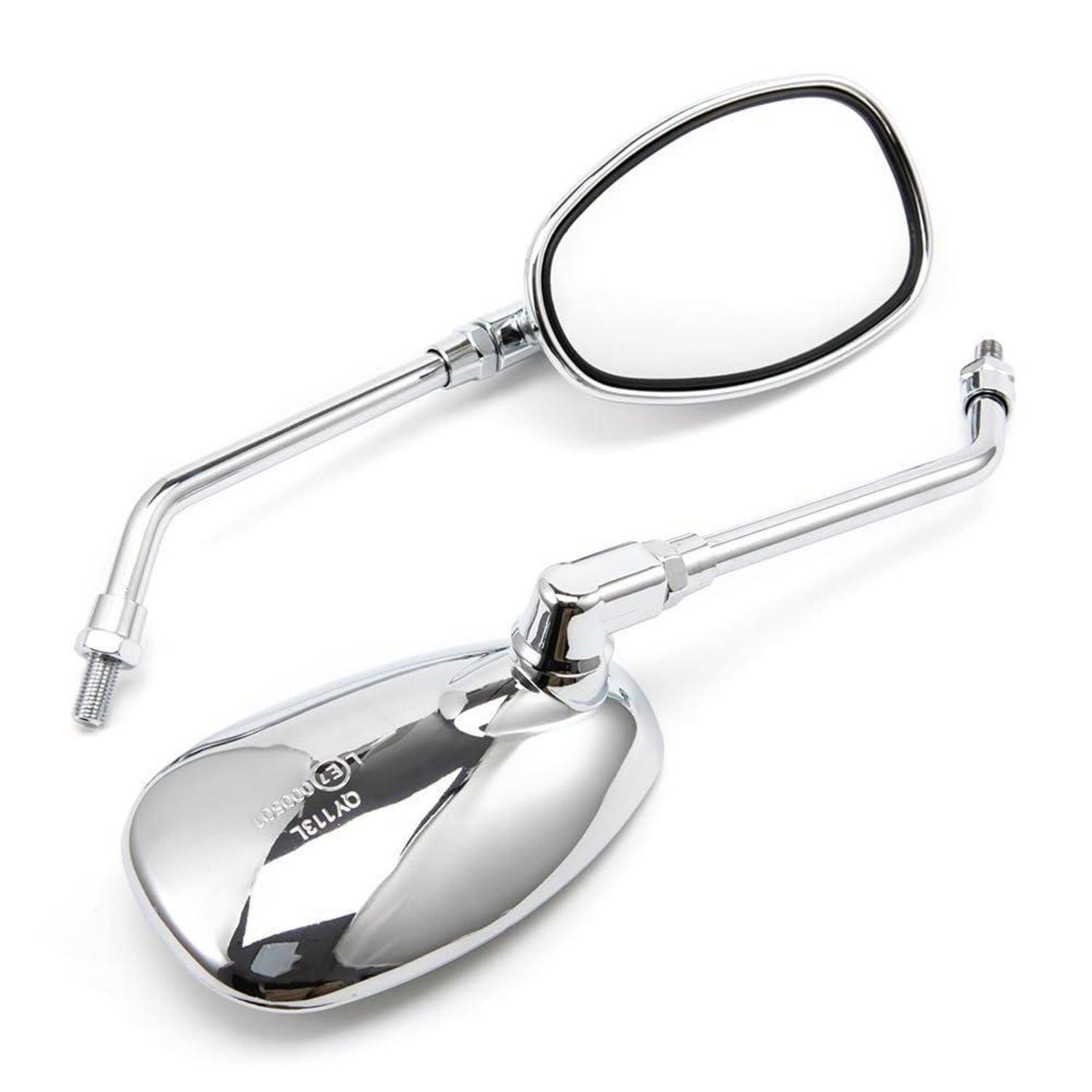 Chromspiegel für Motorrad mit ovalem reflektierendem Spiegel und verstellbarem Metallschaft auf weißem Hintergrund.
