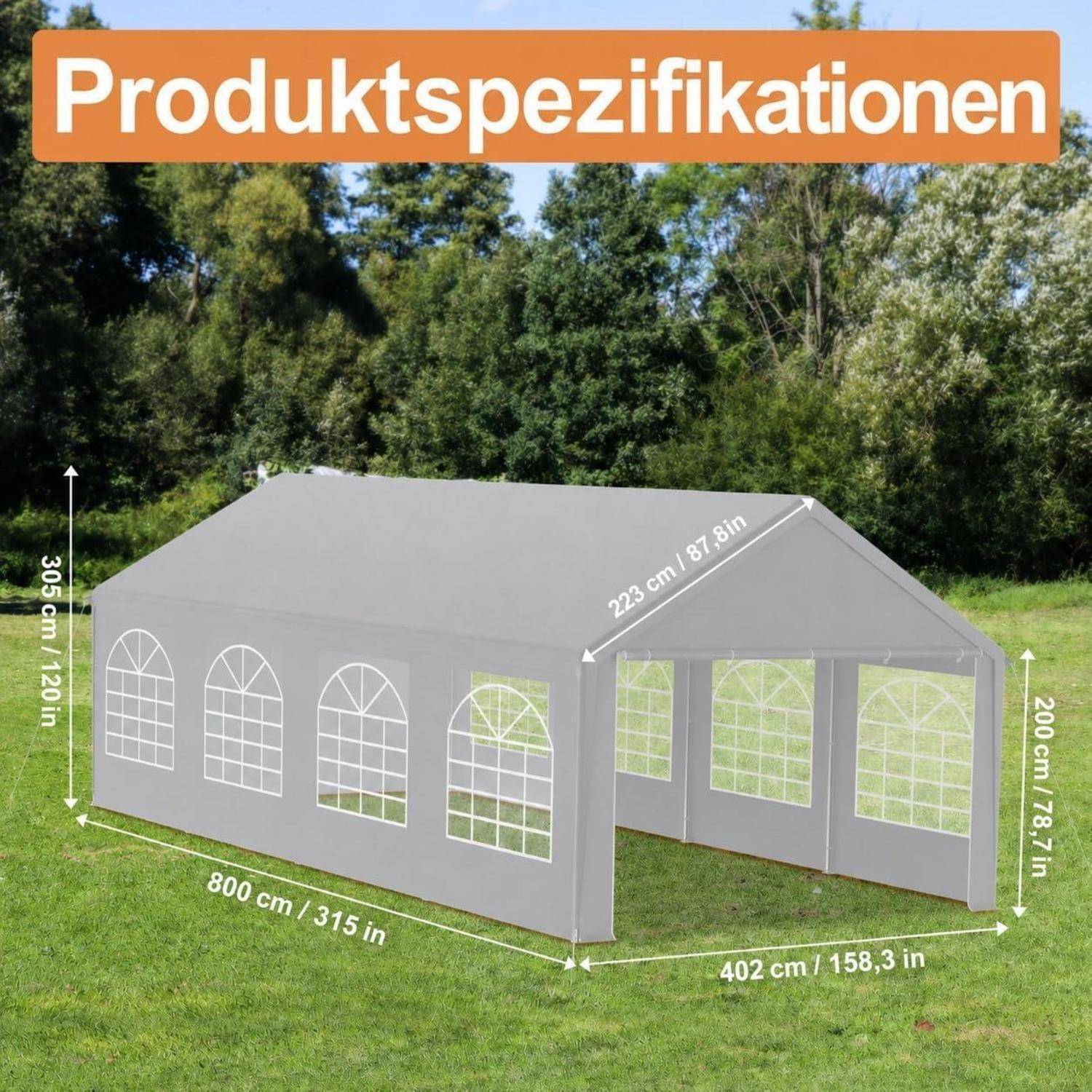 Produktspezifikationen zeigt ein graues Außenzelt auf Gras mit den Abmessungen 800 x 402 x 305 cm und Dachenlänge 223 cm.