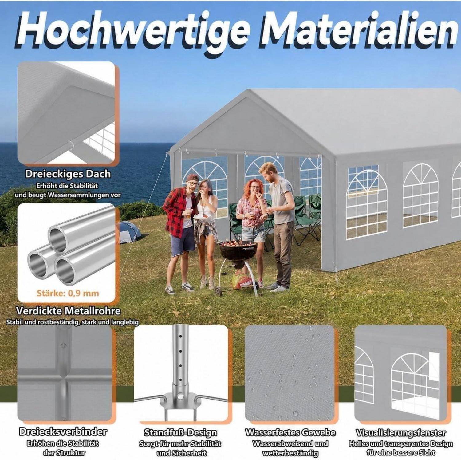 Partyzelt 4x8 m Pavillon, Grau, PE 200g Dachplane, 130g Seitenwände mit Fenstern, Wasserdicht, UV-Schutz, verzinkter Stahlrahmen, Garten- &amp; Festzelt