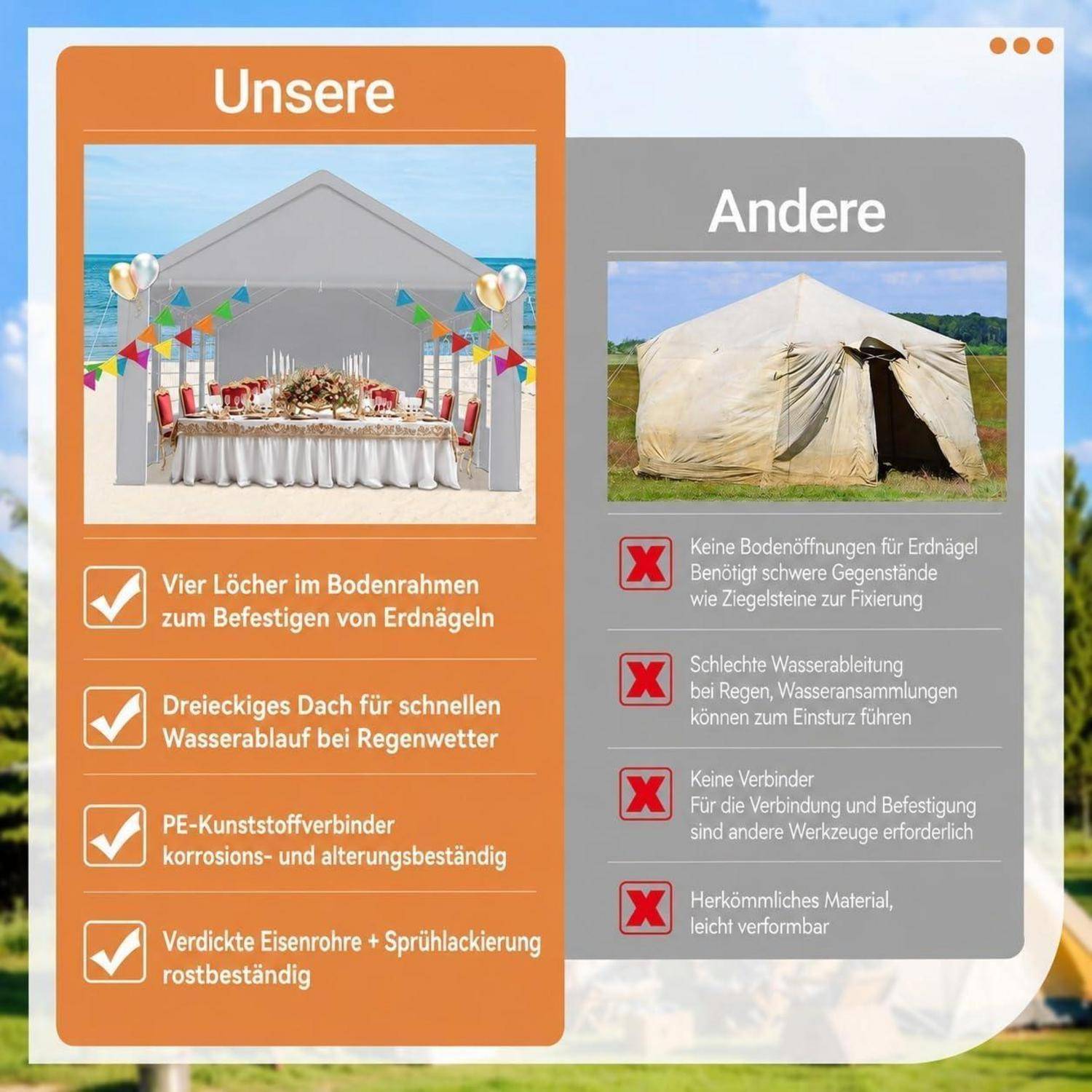Partyzelt 4x8 m Pavillon, Grau, PE 200g Dachplane, 130g Seitenwände mit Fenstern, Wasserdicht, UV-Schutz, verzinkter Stahlrahmen, Garten- &amp; Festzelt