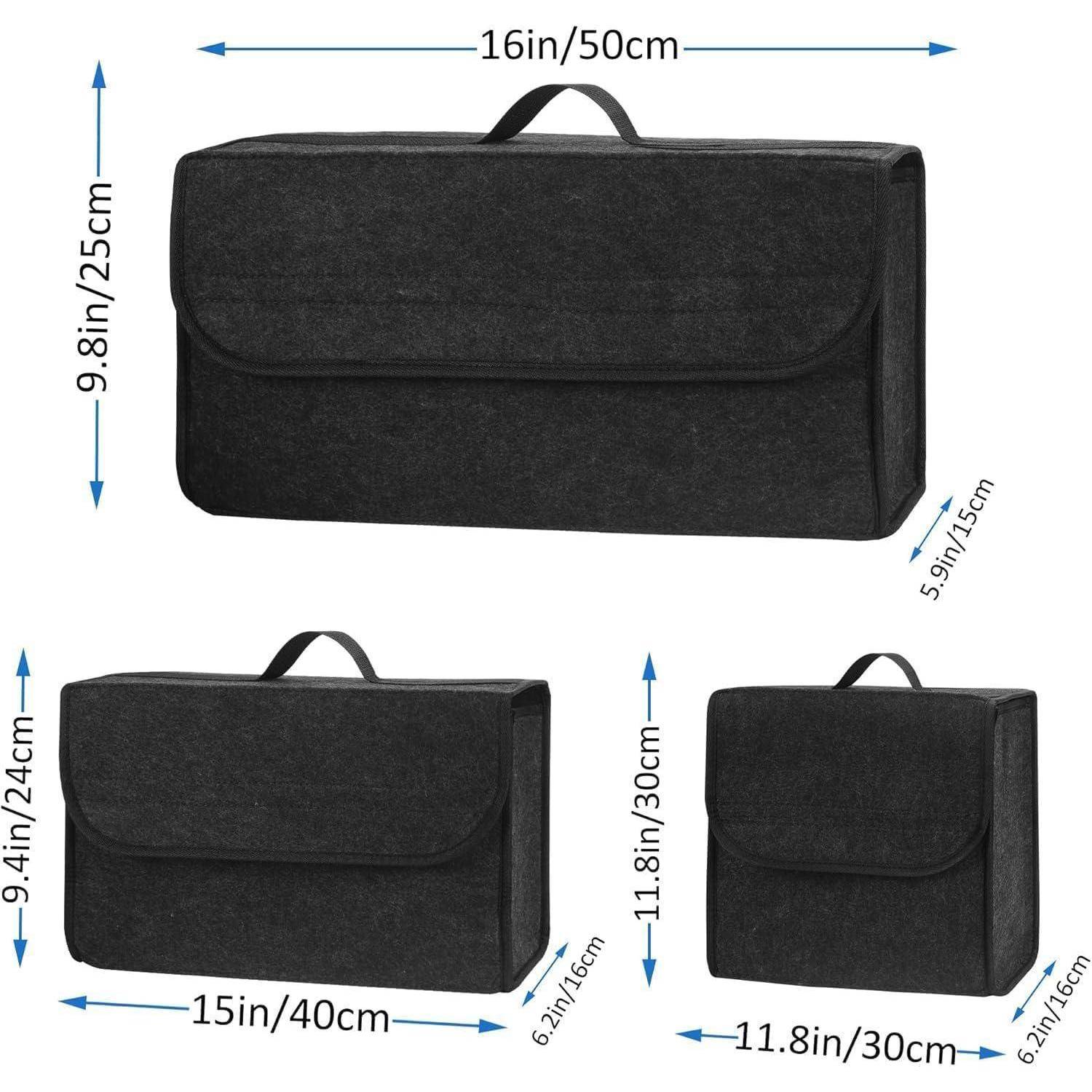 Schwarze rechteckige Aufbewahrungstasche, gezeigt in drei Größen, mit Maßen in Zoll und Zentimetern: 16 x 9,8 x 5,9 Zoll, 15 x 9,4 x 6,3 Zoll und 11,8 x 11,8 x 6,2 Zoll.