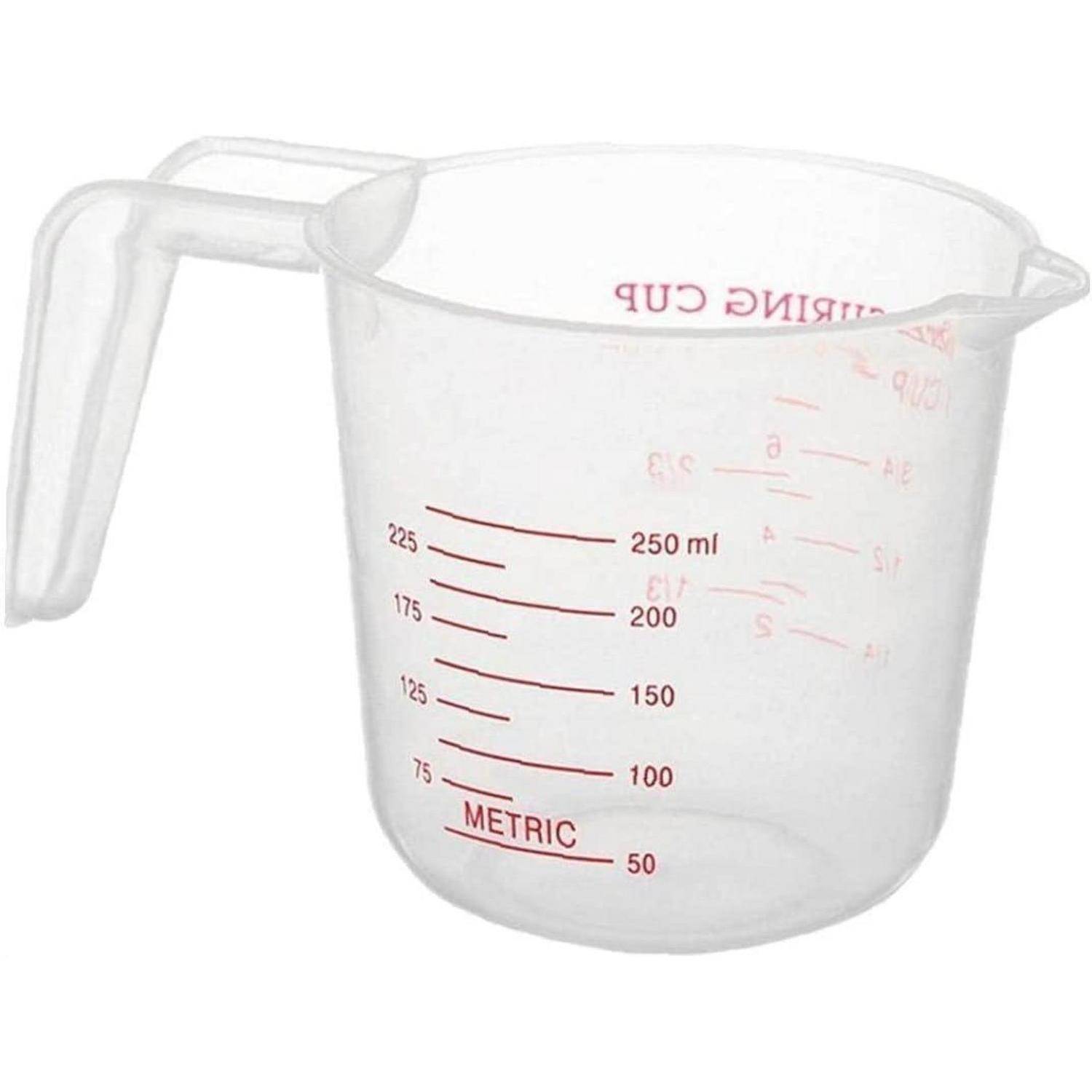 Transparenter Kunststoff-Messbecher mit Griff und Ausguss, gekennzeichnet in Millilitern bis 250 ml mit metrischen Maßstäben.