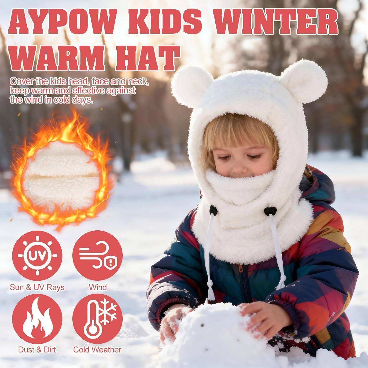 Anzeige für 'AYPOW KIDS WINTER WARM HAT' mit einem Kind in einer weißen Mütze mit Bärenohren im Freien im Schnee, mit Symbolen, die Sonne/UV-, Wind-, Staub- und Kälteschutz hervorheben.