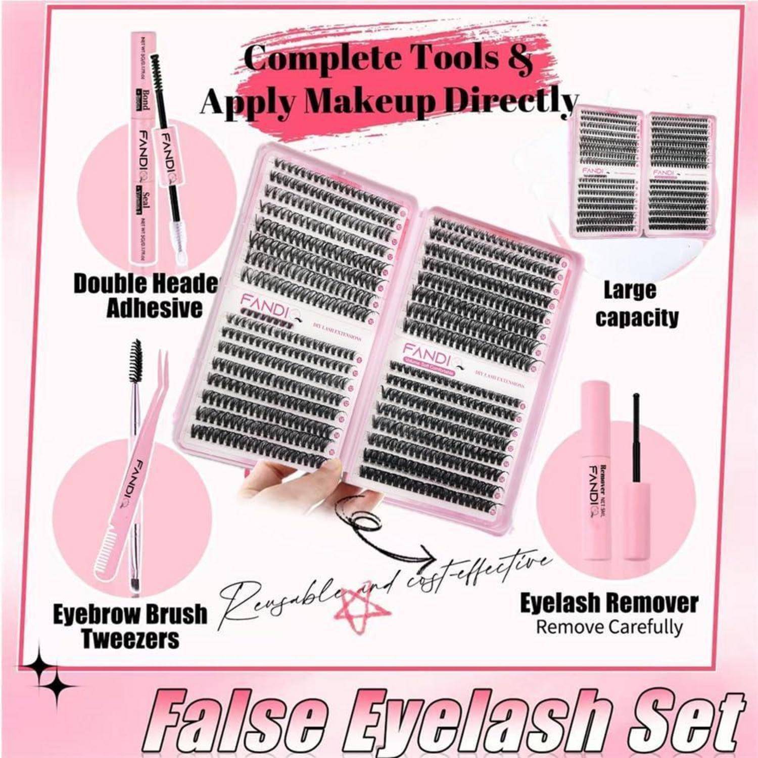 Rosa Wimpernset-Anzeige mit wiederverwendbaren Wimpernschalen, Wimpernkleber, Augenbürste, Pinzette und Wimpernentferner mit Text 