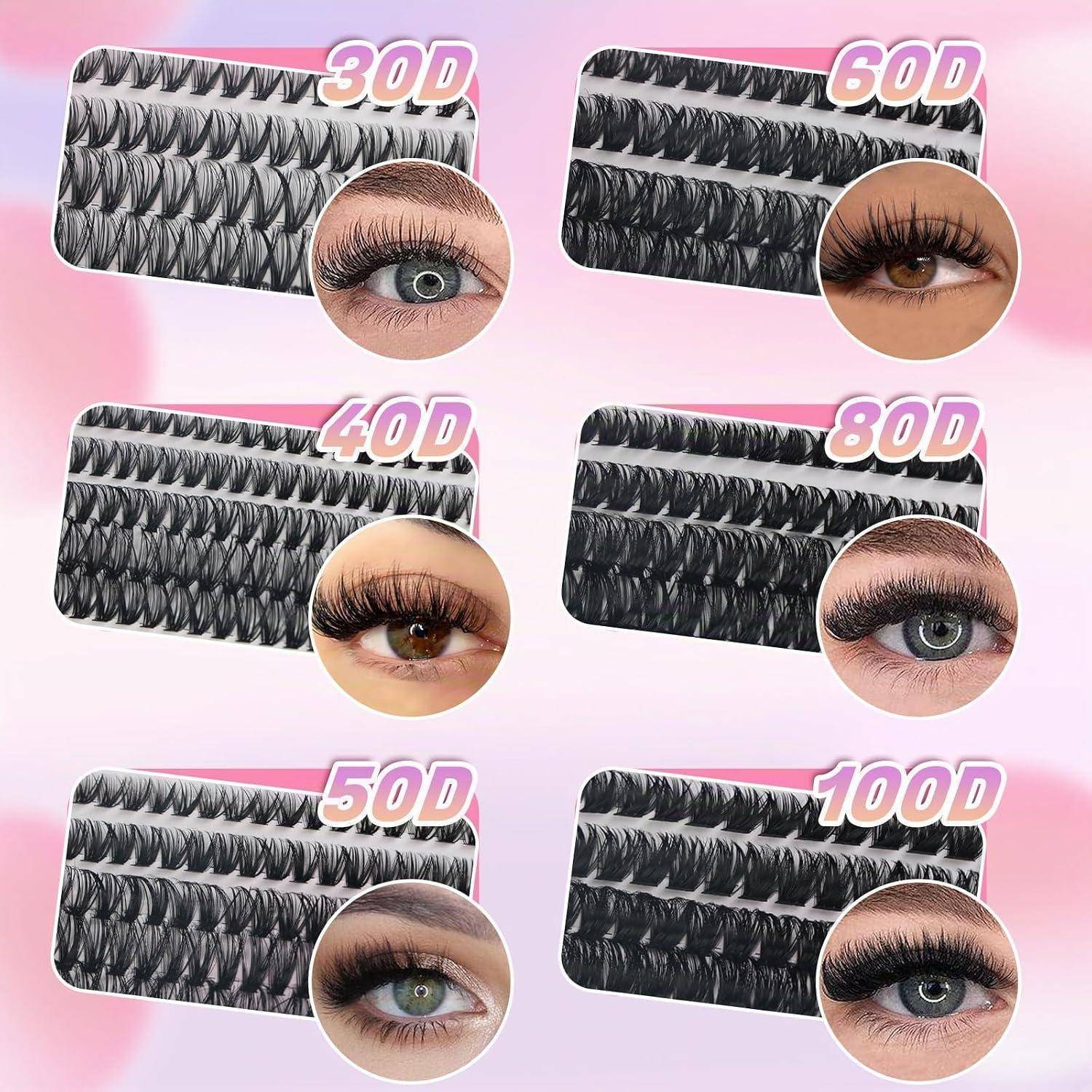 Vergleichstabelle von Wimpernverlängerungsstilen mit den Bezeichnungen 30D, 40D, 50D, 60D, 80D und 100D, jeweils mit einem Nahaufnahmebeispiel des Auges dargestellt.