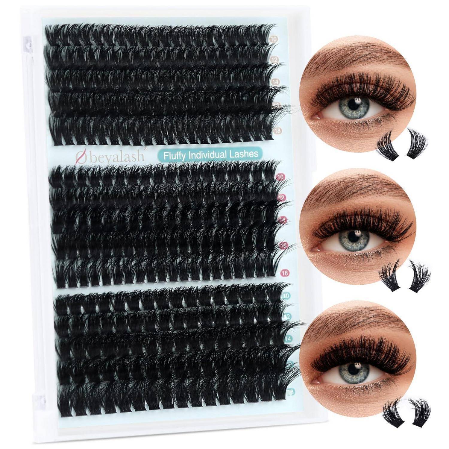Verpackungsdisplay von schwarzen flauschigen Einzelwimpern in mehreren Längen, mit drei Augen-Nahaufnahmen, die den Wimpernverlängerungseffekt zeigen.