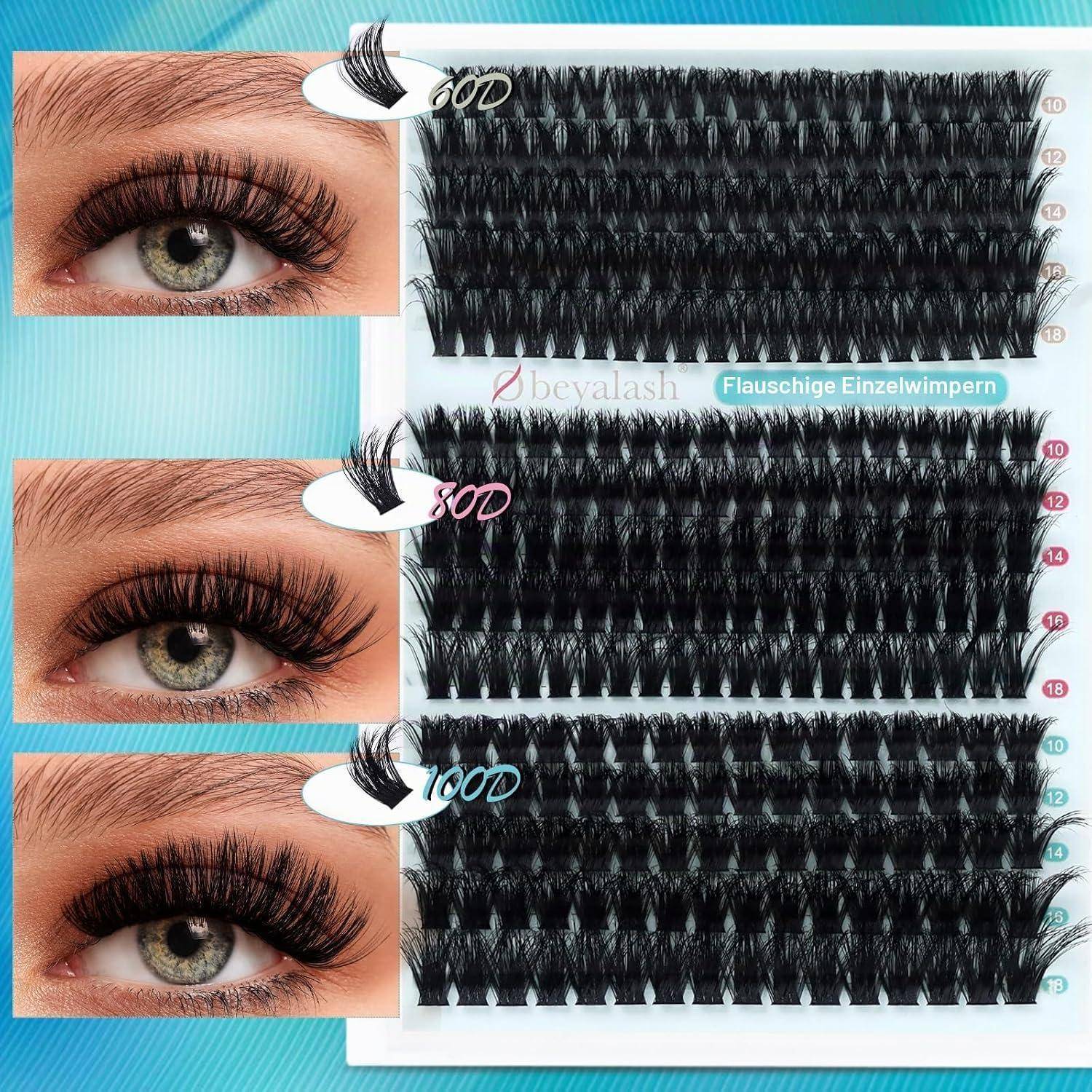 Werbebilder zeigen drei Wimpernverlängerungsstreifen mit den Bezeichnungen 600, 800 und 1000 mit Vorher-Nachher-Fotos von Augen, die vollere Wimpern demonstrieren.