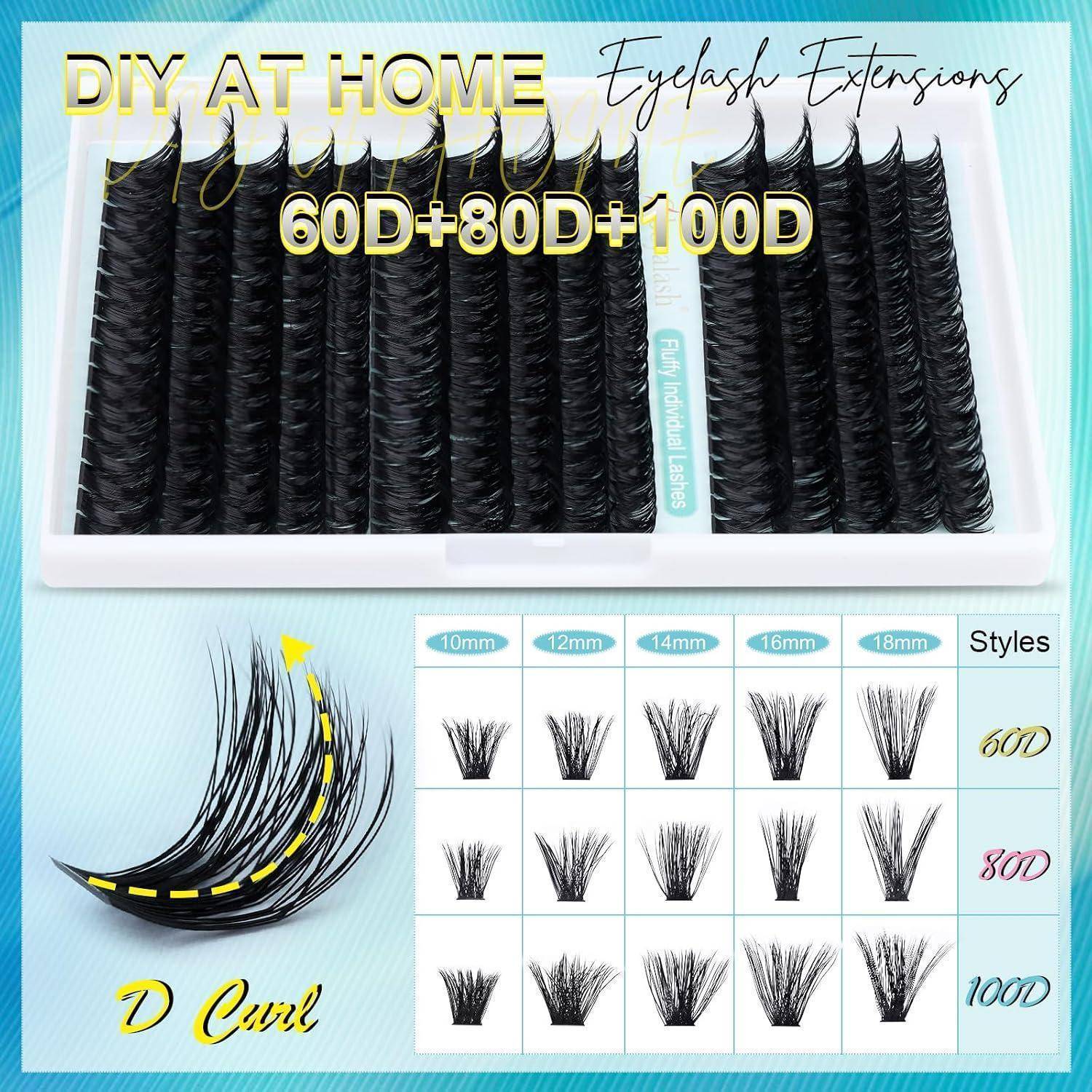 Werbe-Collage für DIY-Wimpernverlängerungen zu Hause mit 60D+80D+100D Cluster-Wimpern, ein D-Curl-Wimpern-Beispiel und ein Stildiagramm nach Länge und Volumen.