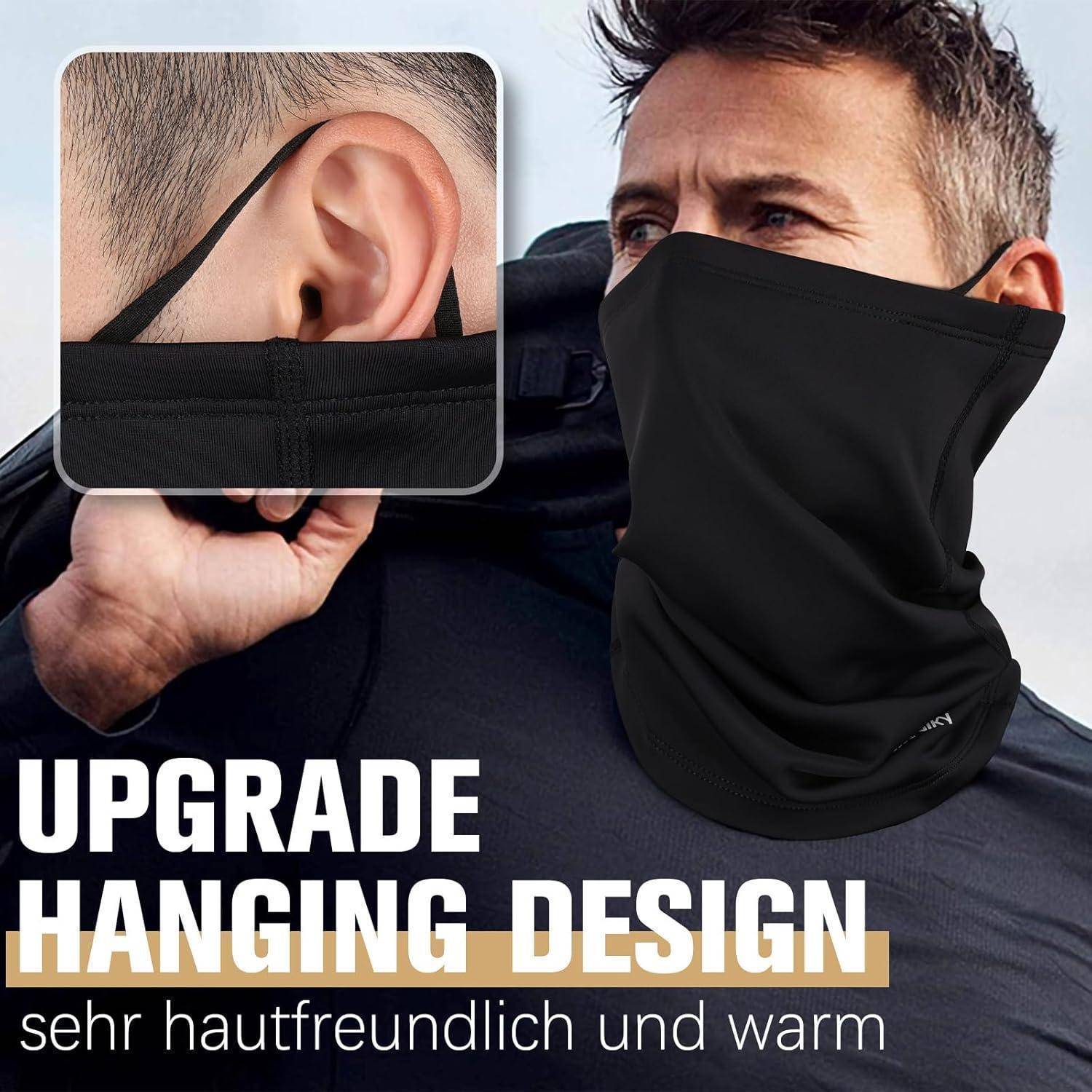 Mann mit schwarzer Gesichtsmaske/Halswärmer mit Ohrschleifen, gezeigt mit eingefügter Nahaufnahme; Text lautet „UPGRADE HANGING DESIGN