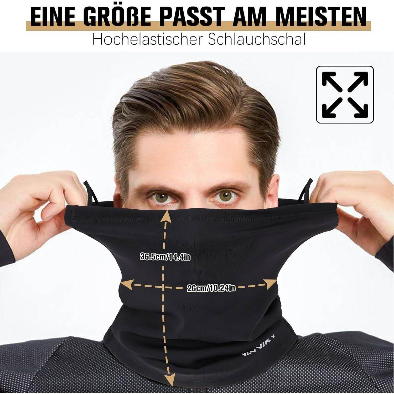 # Produktbild eines Mannes, der einen schwarzen dehnbaren Halstuch über sein Gesicht zieht, beschriftet auf Deutsch „EINE GRÖßE PASST AM MEISTEN