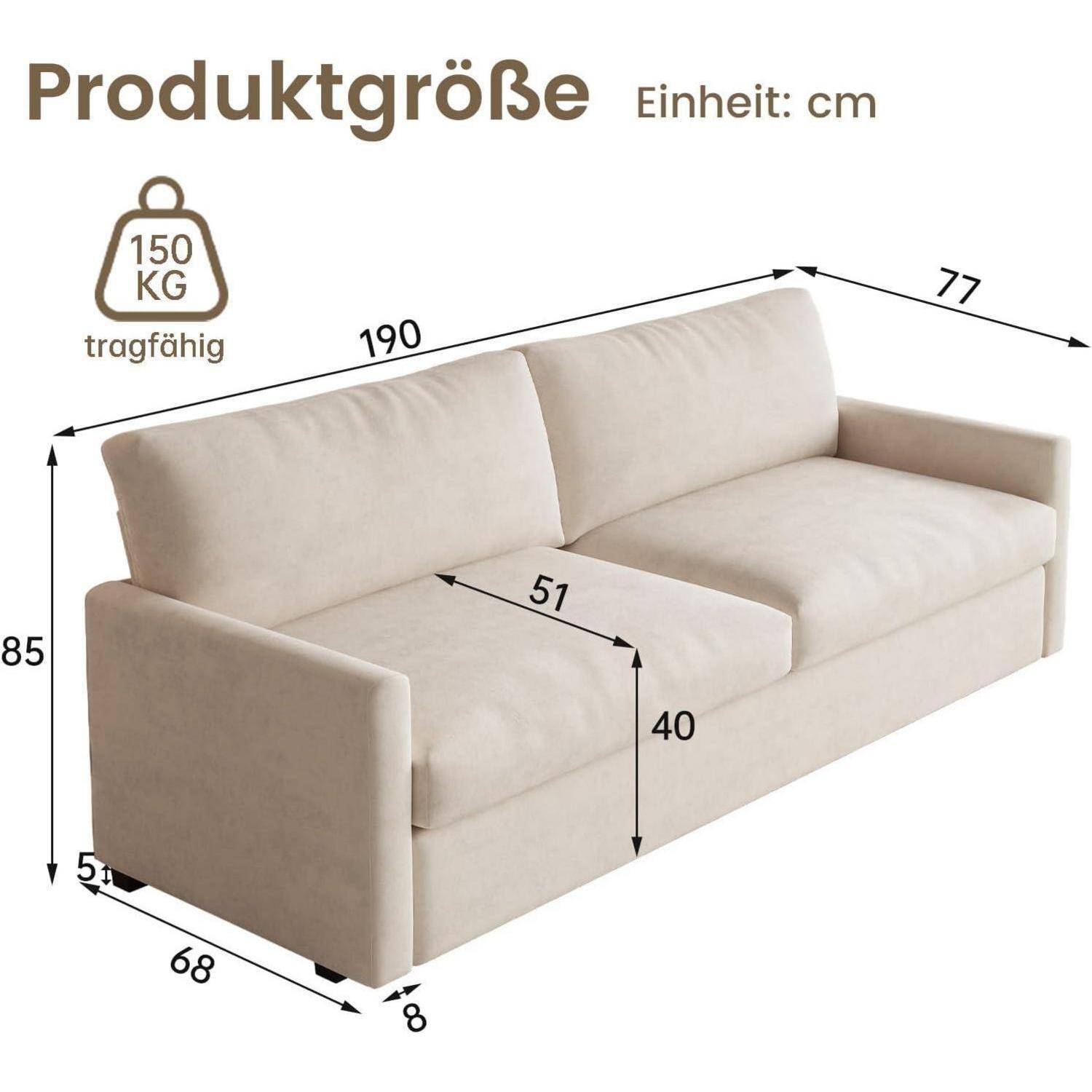 Kommentiertes beige Sofa mit Produktabmessungen in cm: 190 breit, 77 tief, 85 hoch, 40 Sitzhöhe, 51 Sitztiefe; Tragfähigkeit 150 kg.