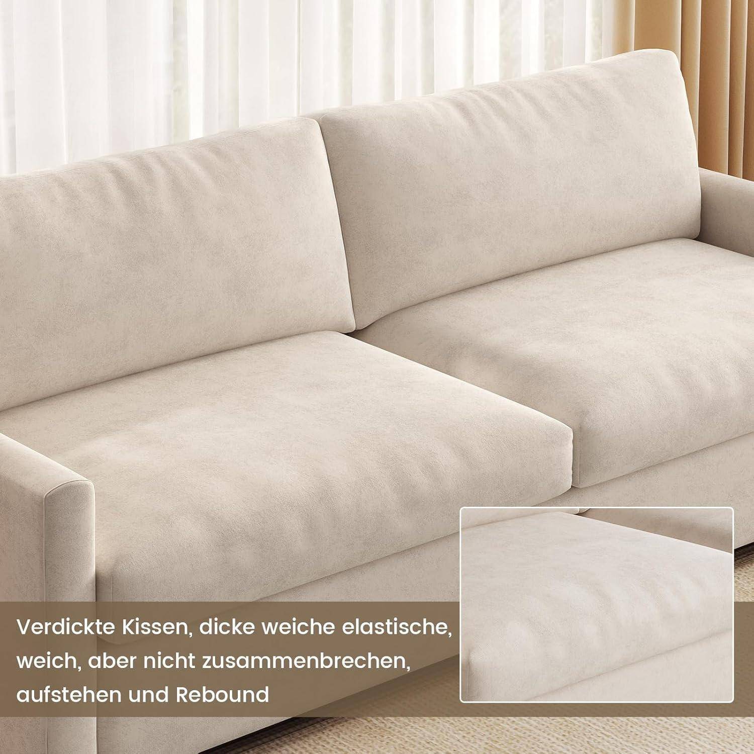 Beige Sofa mit dicken Kissen; Ausschnitt zeigt Nahaufnahme der weichen, elastischen Polsterung. Text sagt: „Verdickte Kissen, dicke weiche elastische, weich, aber nicht zusammenbrechen, aufstehen und Rebound