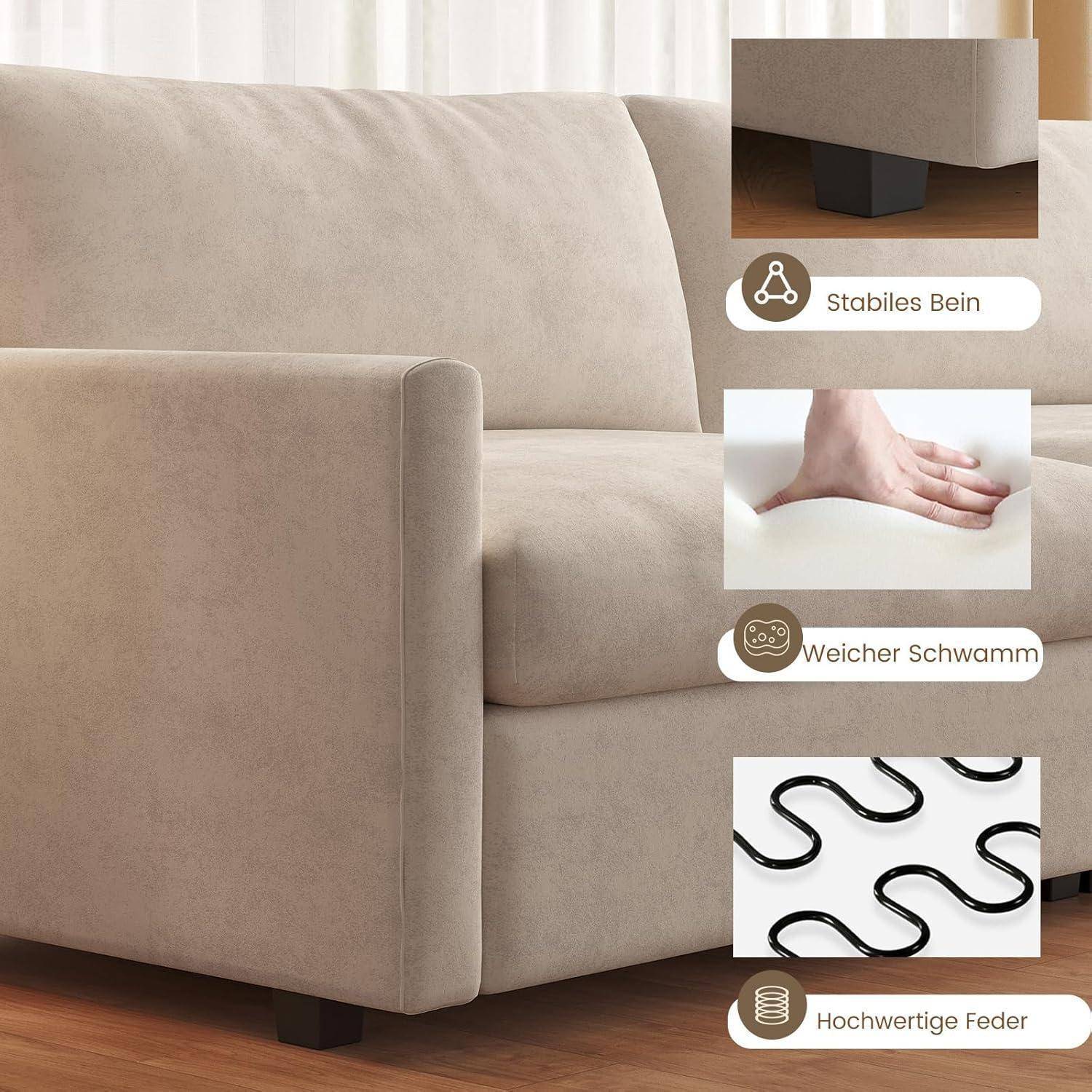 Beigefarbenes Polstersofa mit eingefügten Beschriftungen, die stabile Beine, weiches Schaumstoff-Polster und hochwertige Federunterstützung zeigen.