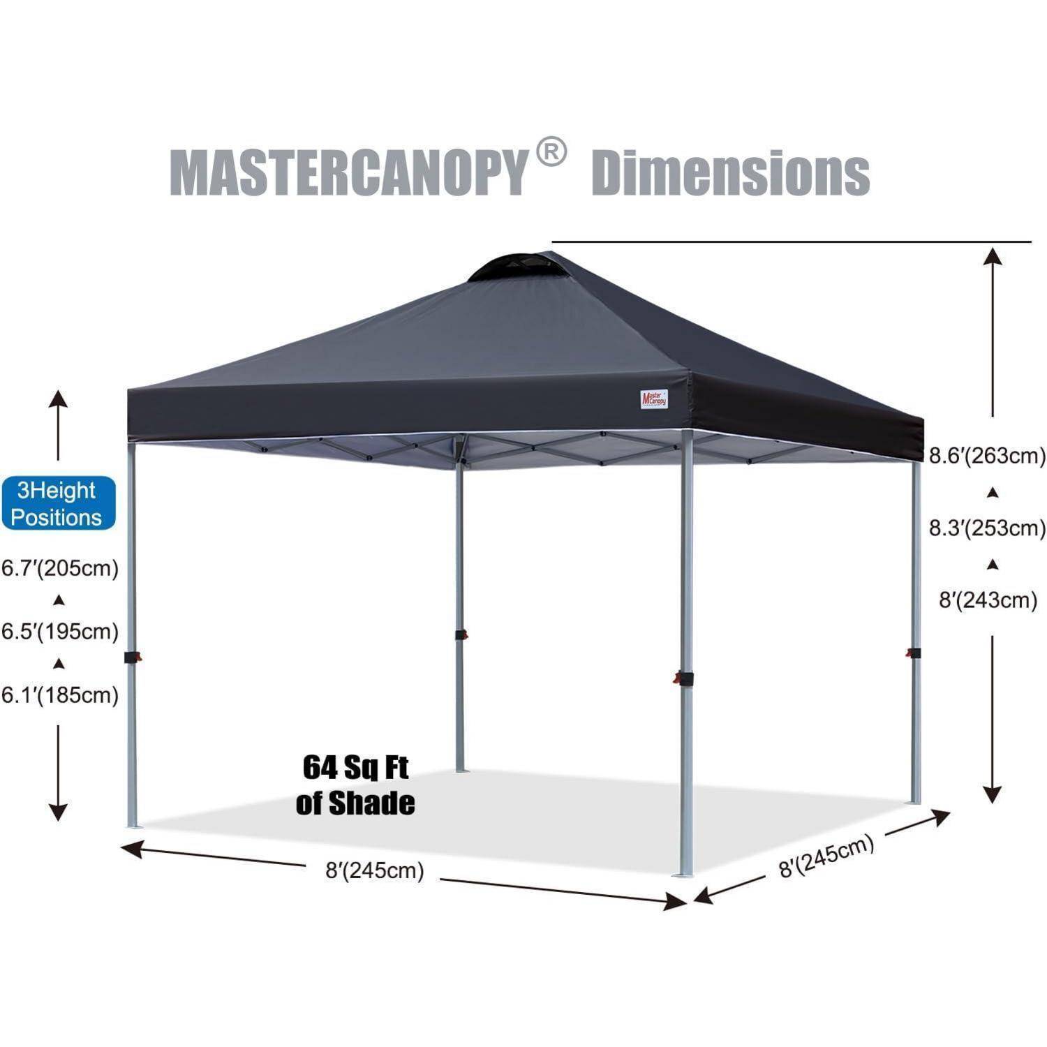 Diagramm eines MasterCanopy Pop-up-Zelts mit Abmessungen, 8x8 ft Grundfläche, 64 Quadratfuß Schatten und drei Höheneinstellungen von 6,1 bis 8,6 ft.