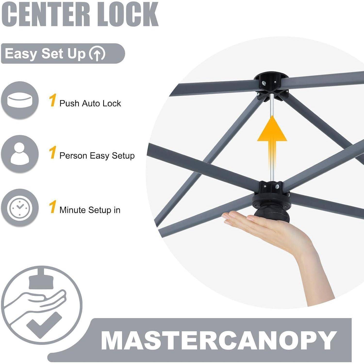 Promotional-Grafik für „CENTER LOCK" einfache Einrichtung: Ein-Knopf-Automatikverriegelung, Einpersonen-Aufbau, Ein-Minuten-Aufbau; eine Hand hebt eine Baldachin-Mittelverriegelung auf einem Rahmen, mit „MERCANOPY""-Branding.