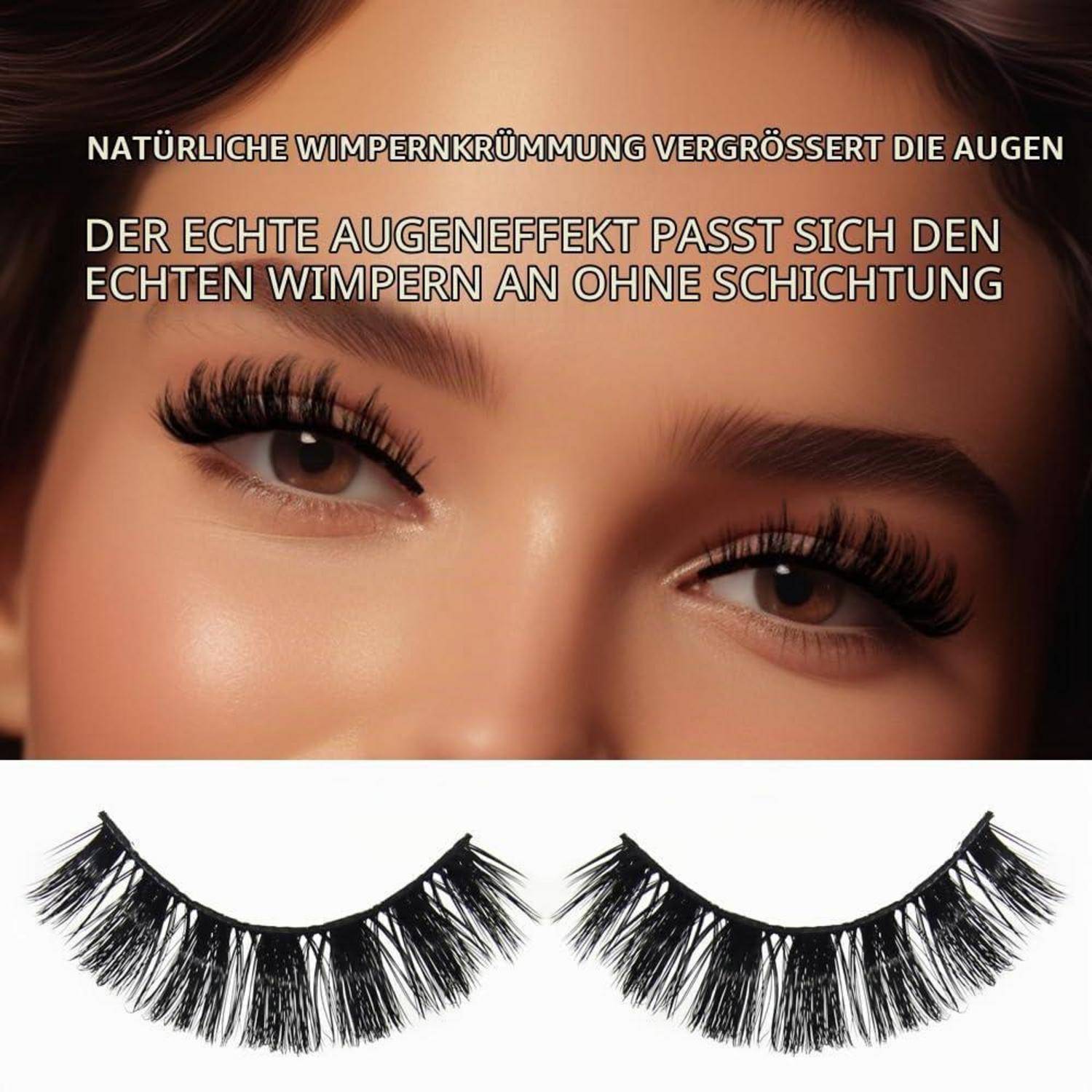 Nahaufnahme der Augen einer Frau mit langen Wimpern; deutscher Text besagt, dass eine natürliche Wimpernkräuselung die Augen größer wirken lässt und der Effekt echten Wimpern ohne Schichtung entspricht, mit zwei Beispielen für künstliche Wimpern darunter.