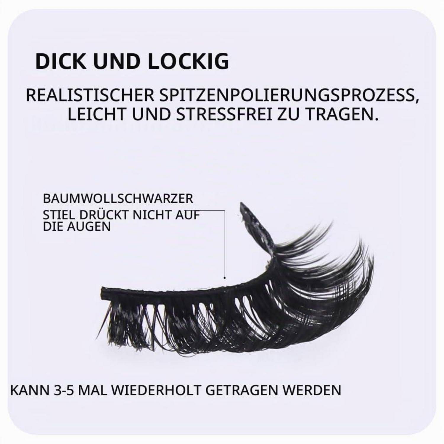 Schwarzes Kunstwimpern-Produkt mit deutschem Text: „dick und verträumt