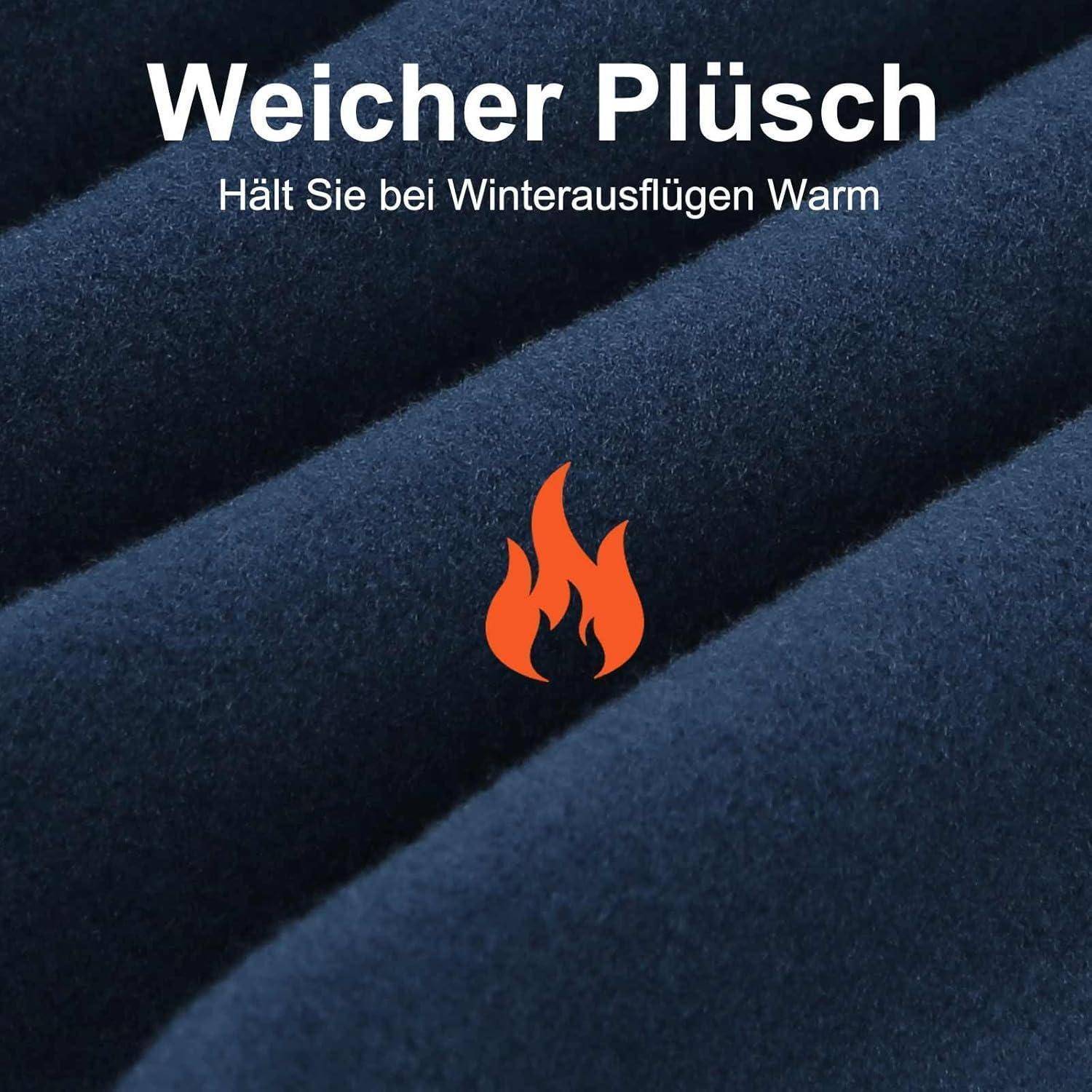 Dunkelblauer Plüschstoff mit orangenem Flammen-Icon und deutschem Text „Weicher Plüsch