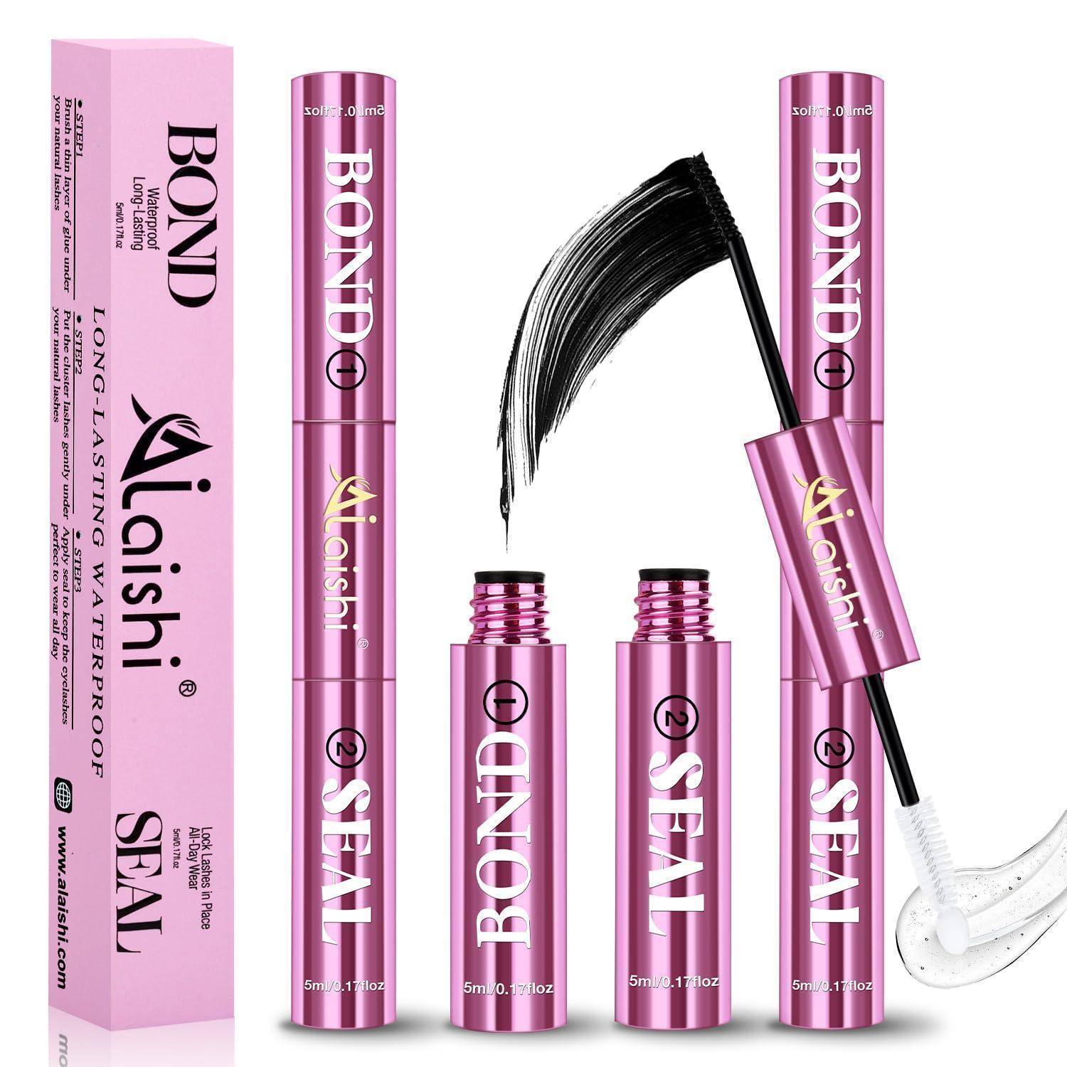 Pink Aishih BOND wasserfester Mascara-Set mit zwei Tuben, Boxen und einem Pinsel, das einen schwarzen Wimpernstrich auf weißem Hintergrund zeigt.