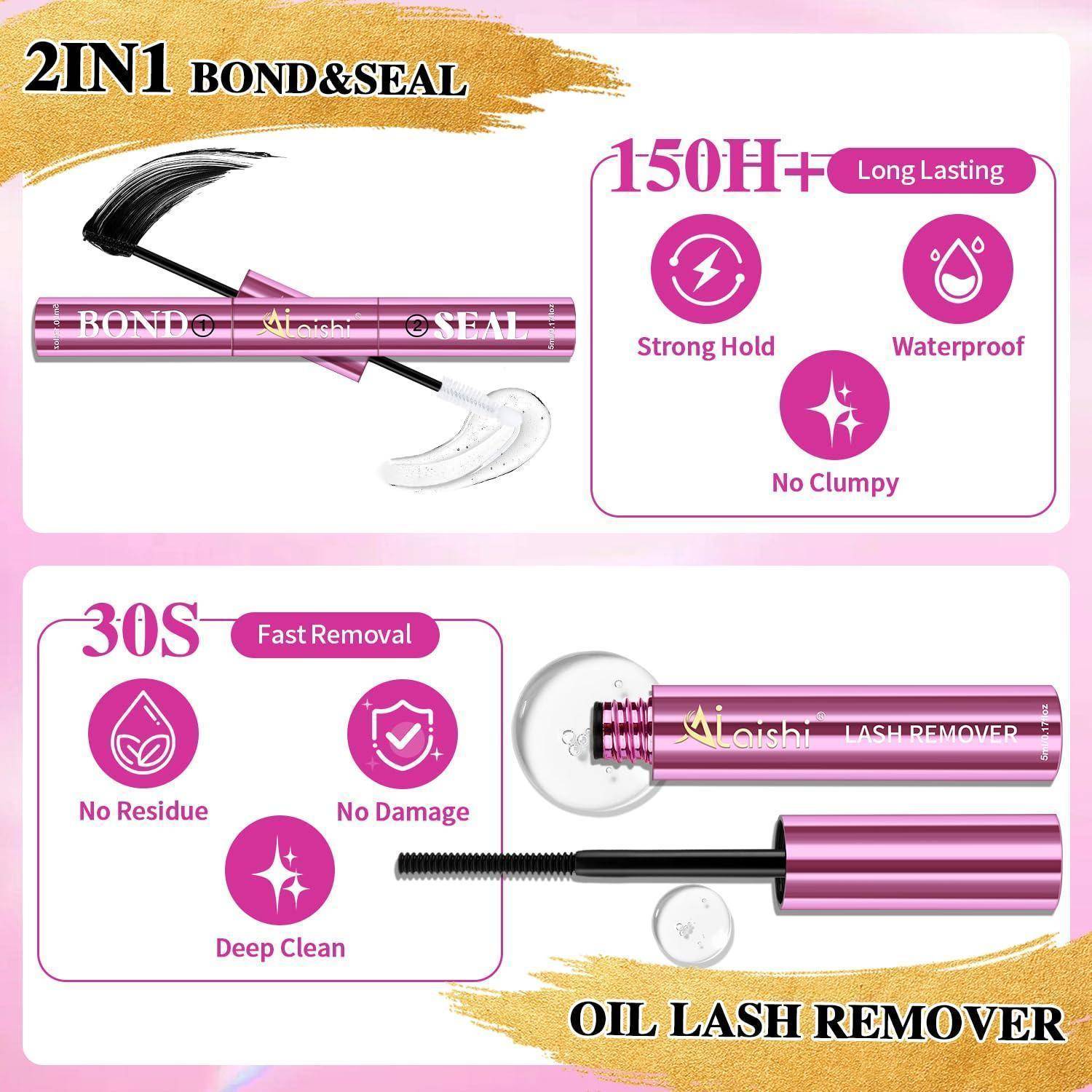 Werbegrafik für 2-in-1 Wimpernprodukte: Bond&Seal mit 150H+ langanhaltend, starker Halt, wasserfest, keine Klümpchen; Oil Lash Remover mit 30S schnelle Entfernung, keine Rückstände, keine Beschädigungen, Tiefenreinigung.