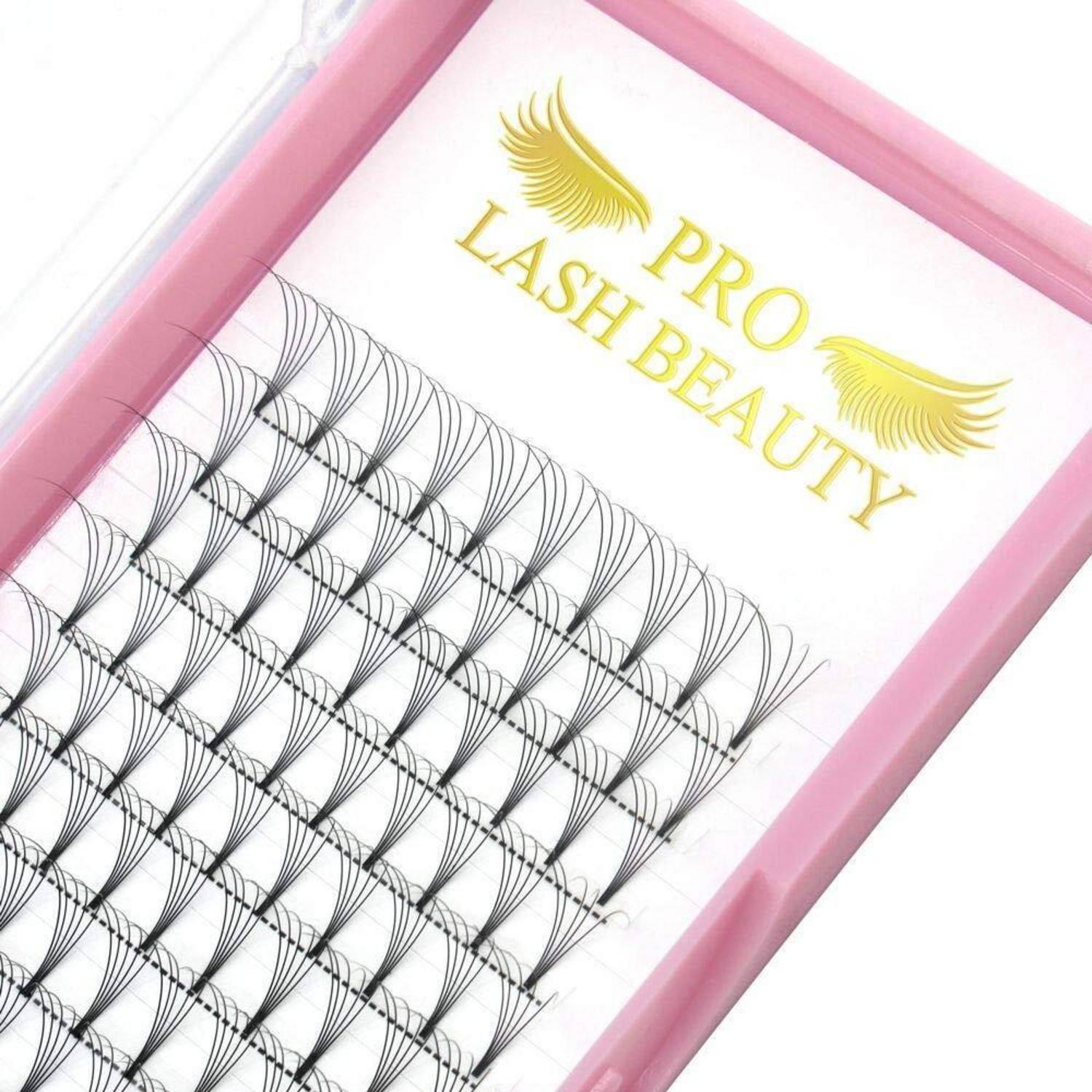 Rosa Tablett mit Pro Lash Beauty Wimpernfächern, die in Reihen für die Verwendung zur Wimpernverlängerung angeordnet sind