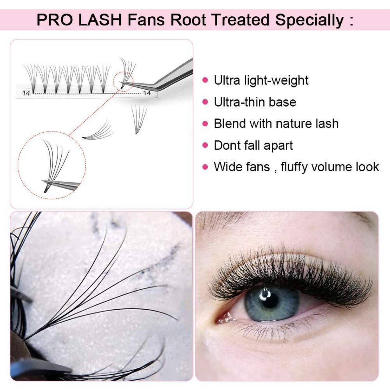 Werbung für PRO LASH behandelte Wurzelfächern, zeigt ultraleichte, dünnbasige Wimpernfächern, die sich natürlich verbinden und einen breiten, fluffigen Volumeneffekt schaffen.