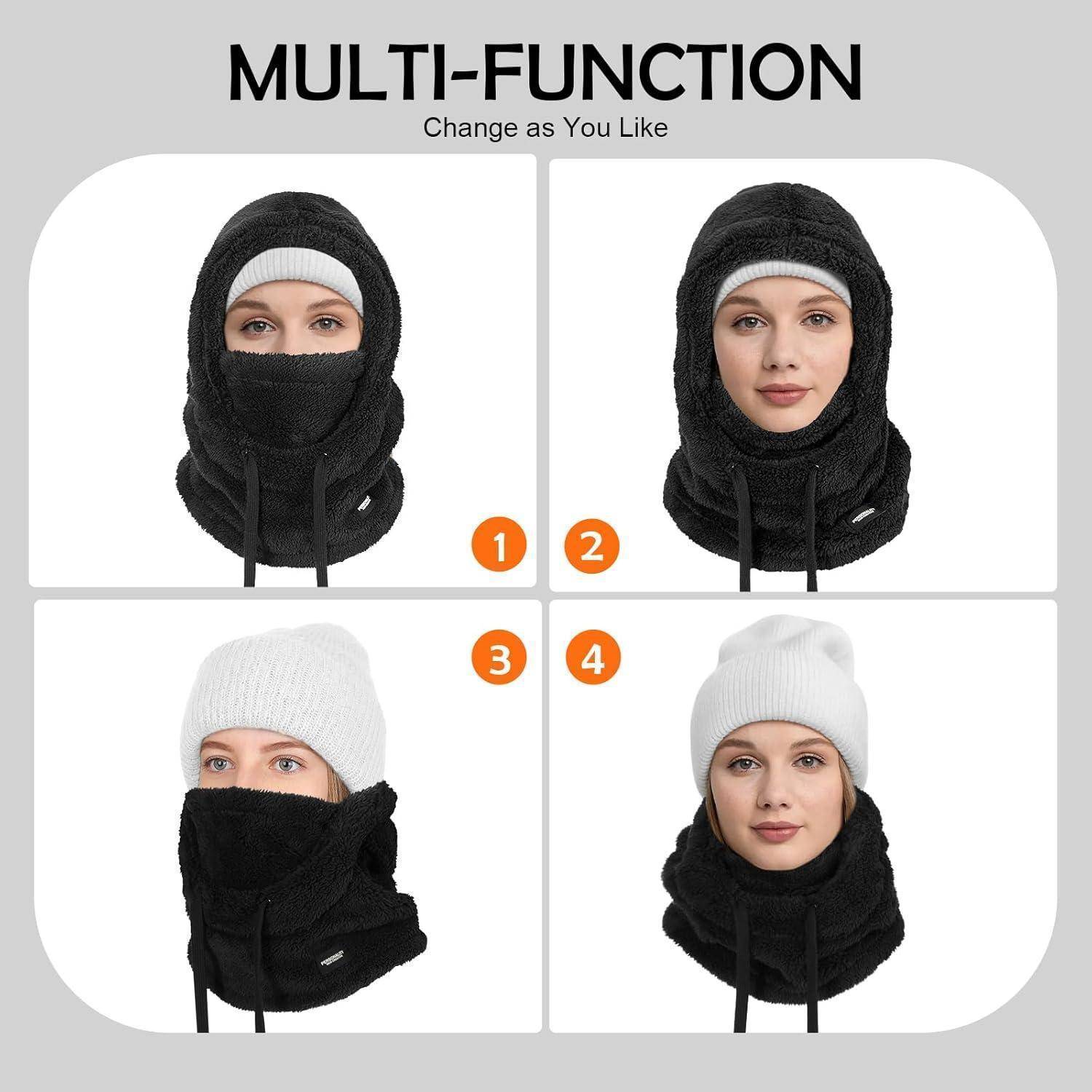 Produktgrafik mit einem vielseitigen Kapuzenschal in vier Trageweisen, mit dem Titel „MULTI-FUNCTION