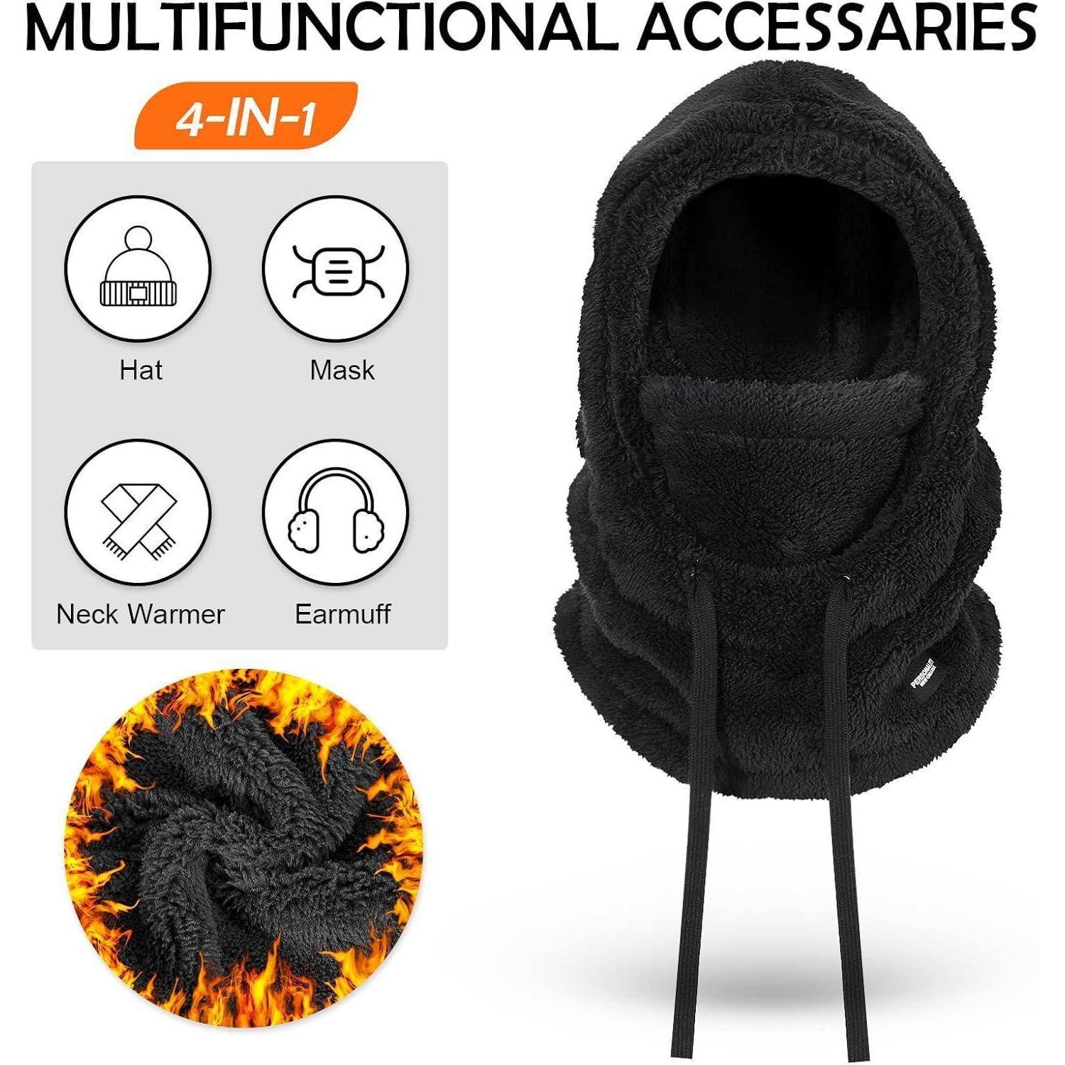 Schwarzes 4-in-1-Multifunktions-Winterzubehör, dargestellt als Mütze, Maske, Halswärmer und Ohrenschützer, mit Icons und einem Produktfoto mit Kopfbedeckung und Gesichtsschutz.