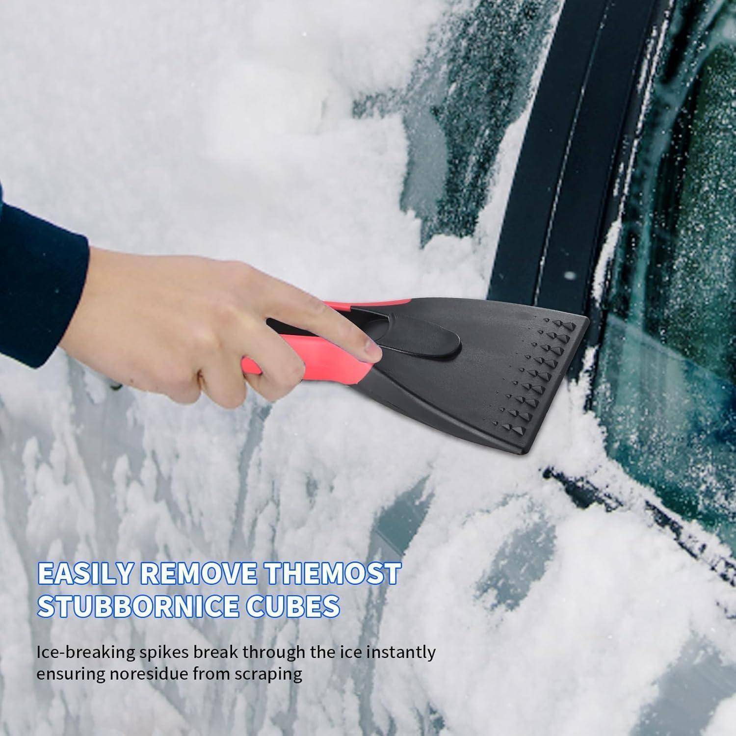Hand mit einem Eiskratzer auf einer schneebedeckten Autoscheibe, mit Text, der die einfache Entfernung hartnäckiger Eiswürfel bewirbt.