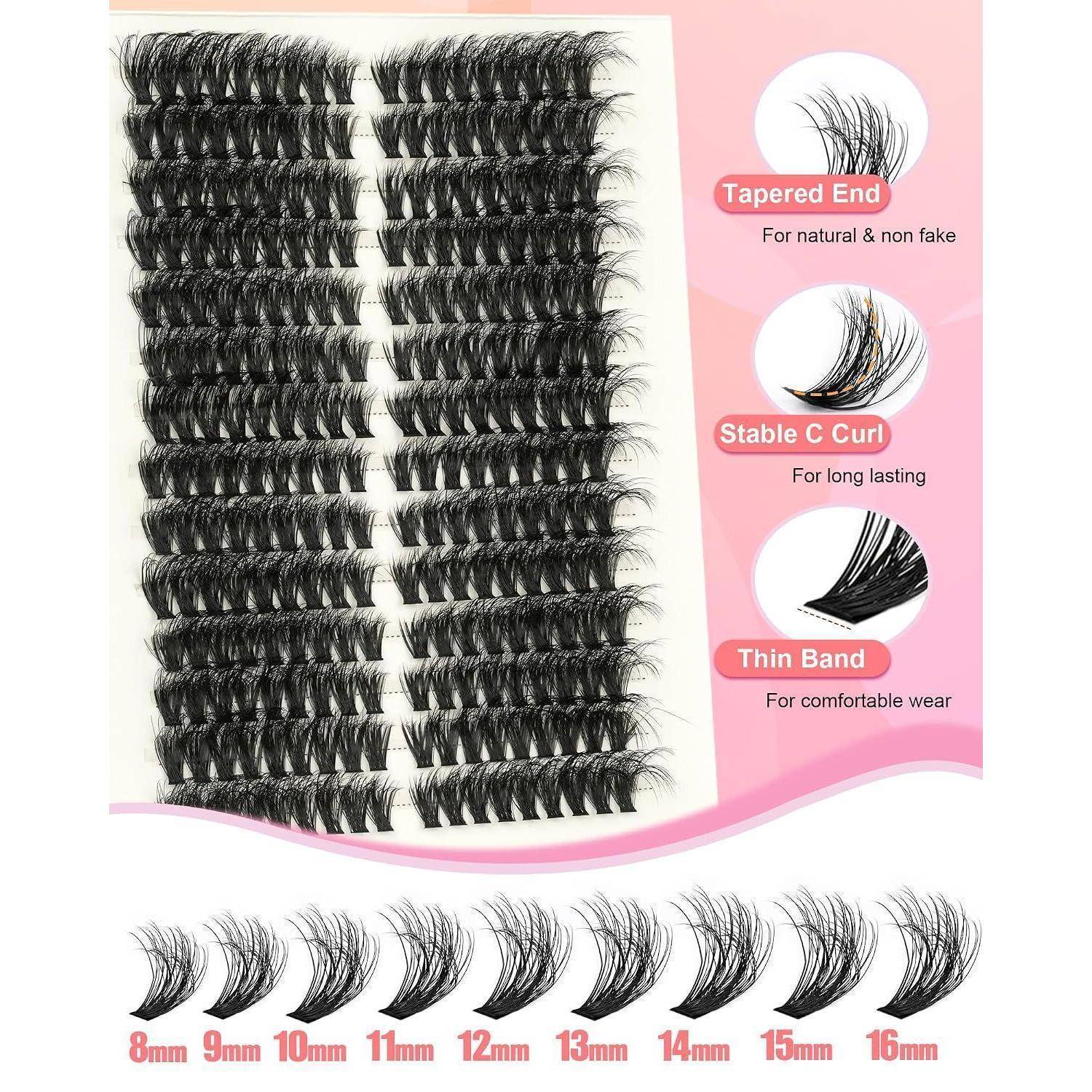 Tabletts mit falschen Wimpernverlängerungen, die verjüngte Enden, stabiles C-Curl und dünne Bänder zeigen, mit einer Längenskala von 8 mm bis 16 mm.