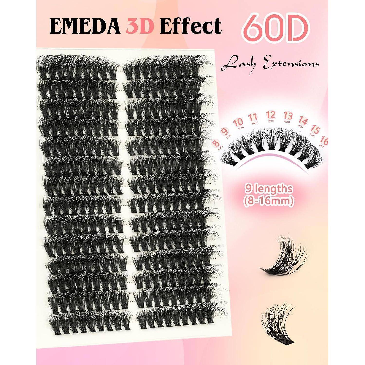 Werbebild von EMEDA 3D Effect 60D Wimpernverlängerungen, das mehrere künstliche Wimpernstreifen zeigt und 9 Längen von 8–16 mm angibt.