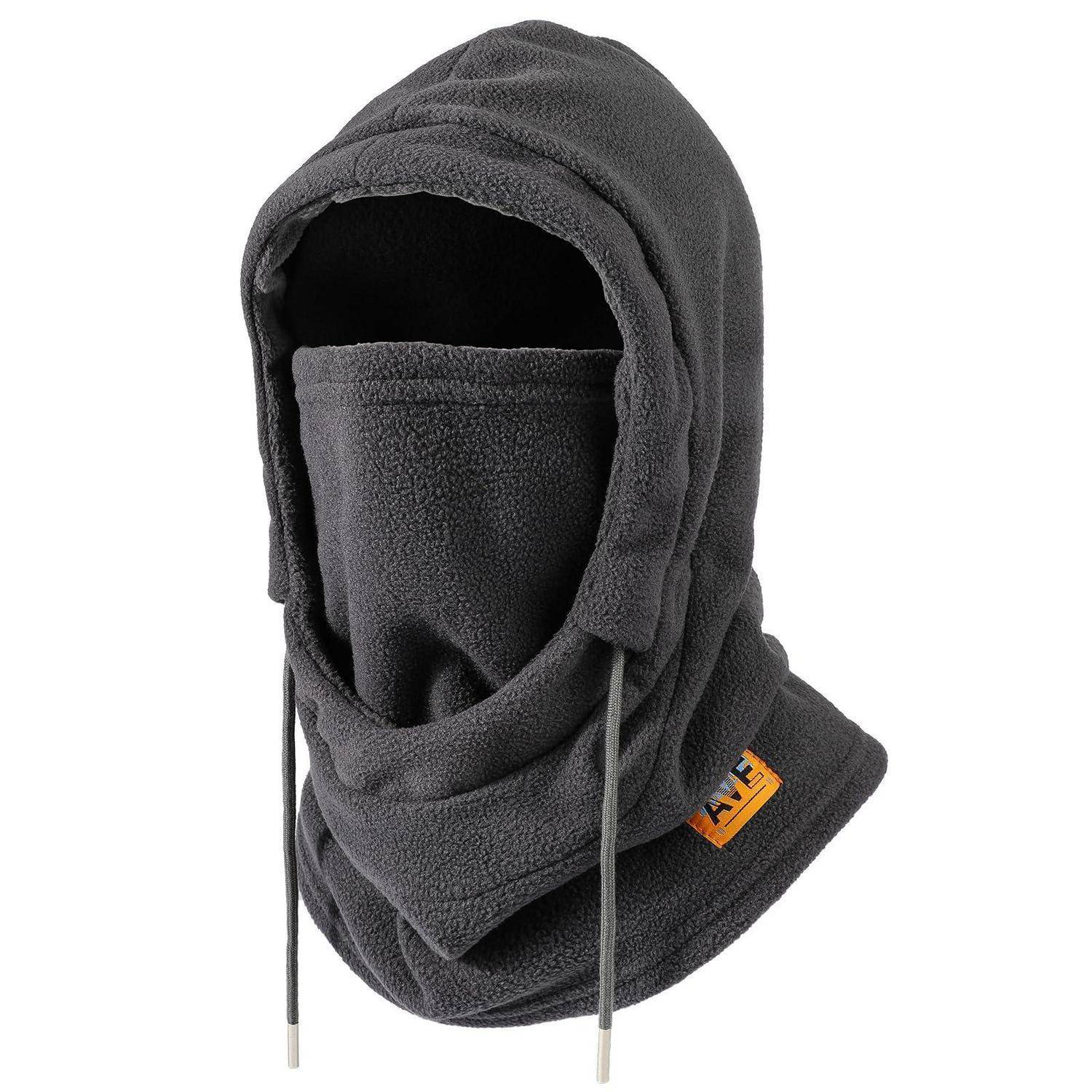 Dunkelgraue Fleece-Sturmhaube mit Gesichtsabdeckung und Zugschnüren auf weißem Hintergrund.