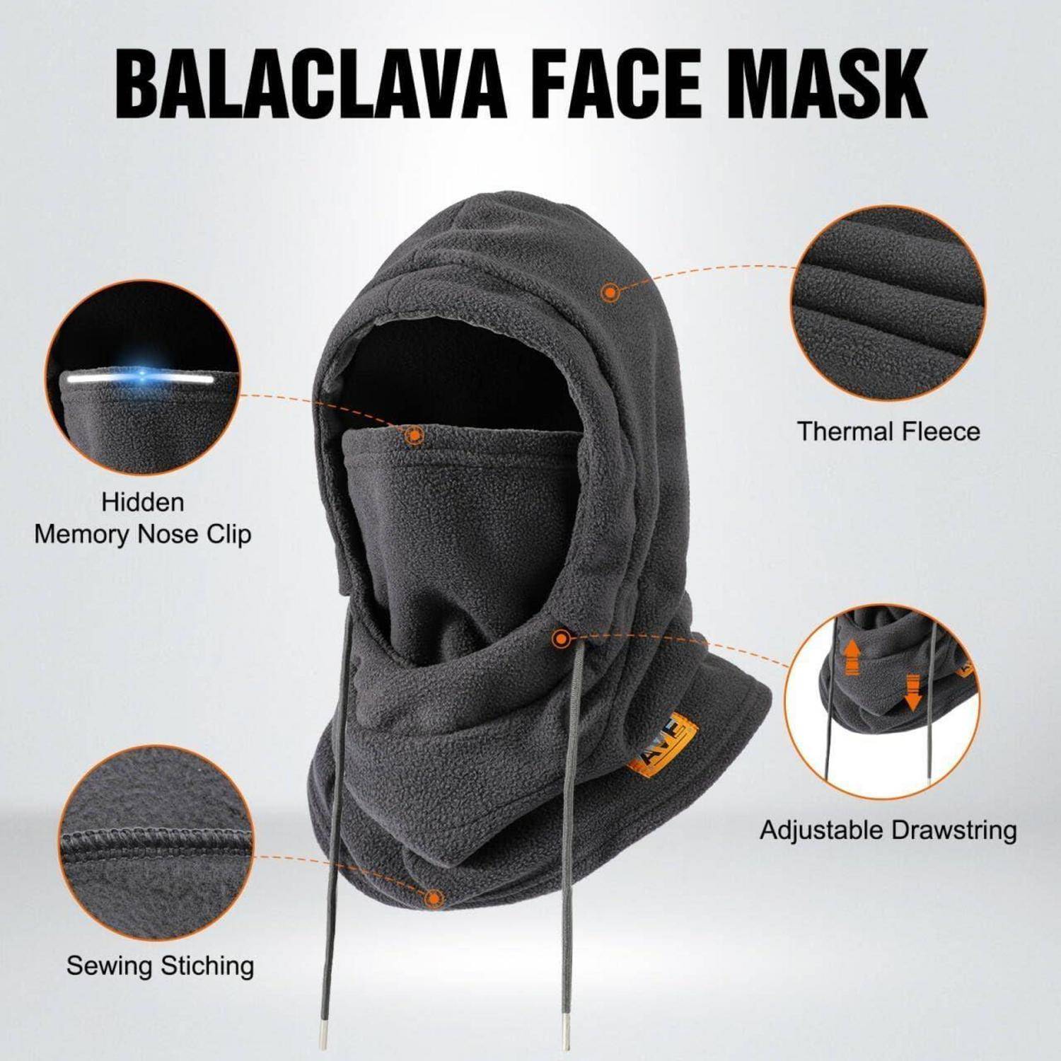 Produktbild einer schwarzen thermischen Fleece-Gesichtsmaske mit verborgenem Nasenklemme, verstellbarer Zugschnur und Nähstichen mit Beschriftungen.